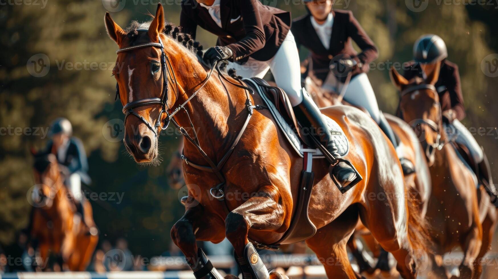 Partially focused image of a group of riders and their majestic horses jumping over obstacles with confidence photo