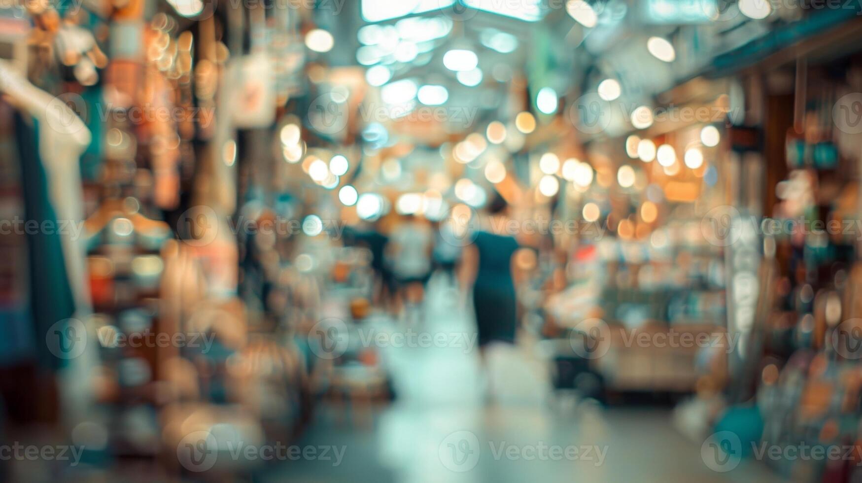 Softly blurred stalls and browsers at the vibrant indoor flea market photo