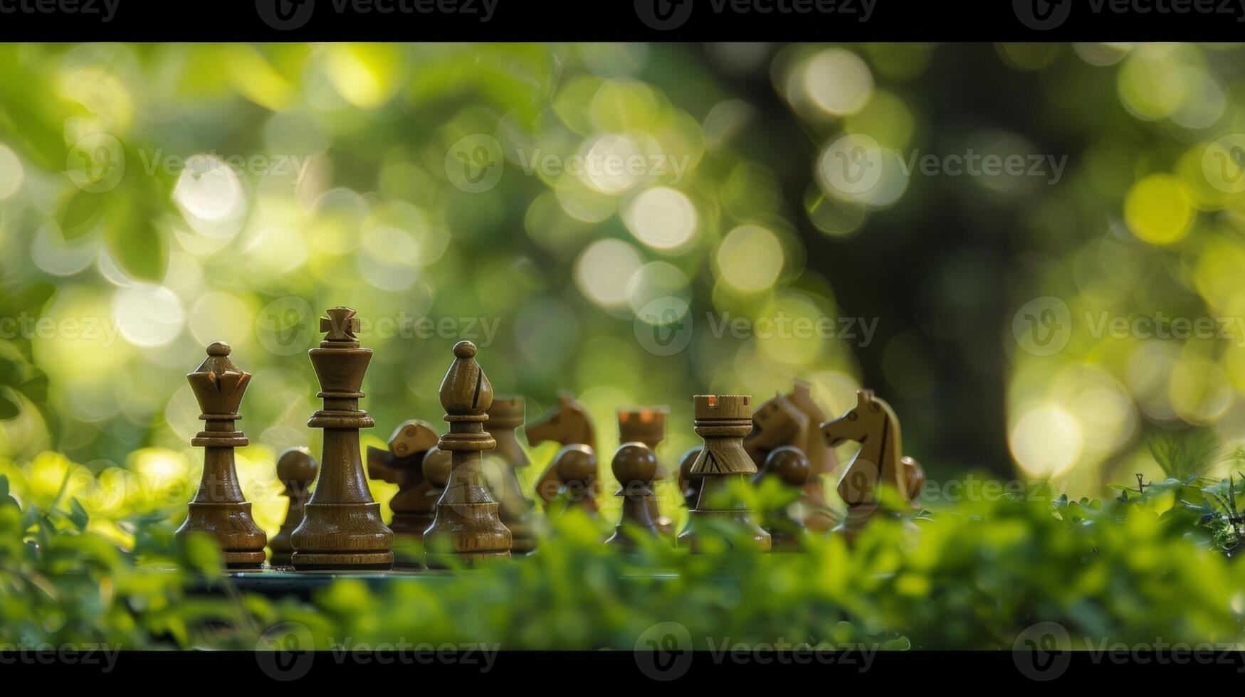 Amidst the greenery a fuzzy scene of a game being played with pawns and knights photo