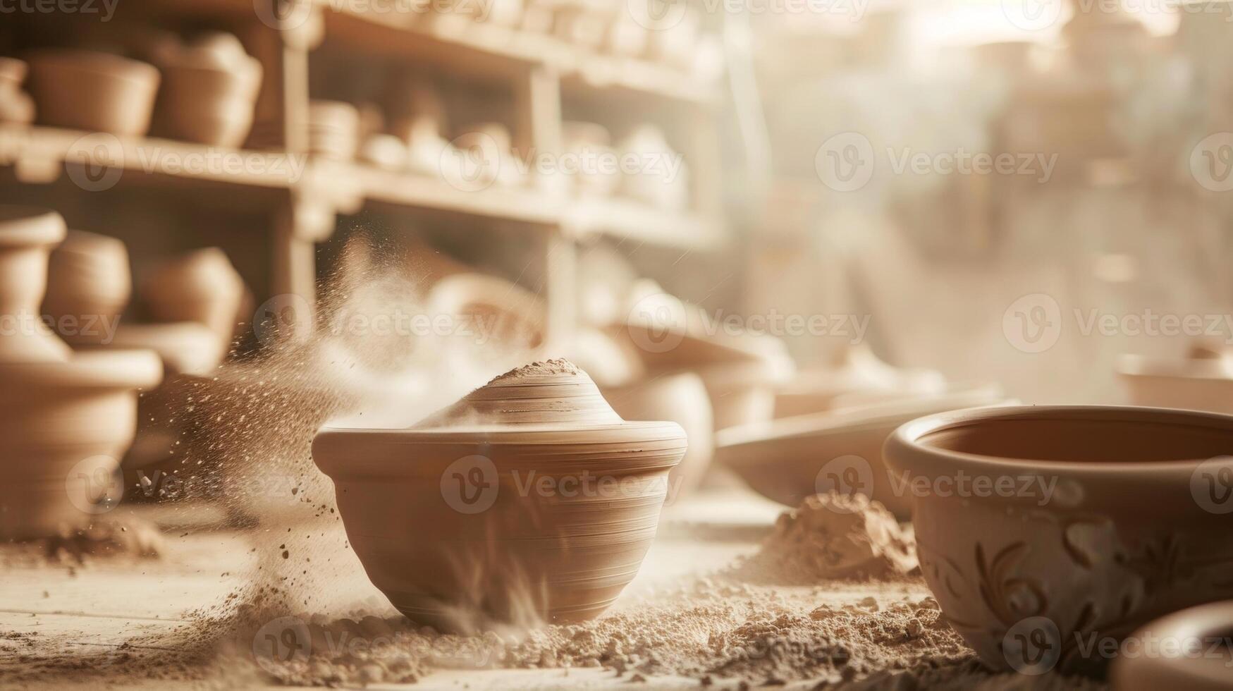 Hazy image of clay dust filling the air in a busy pottery workshop photo