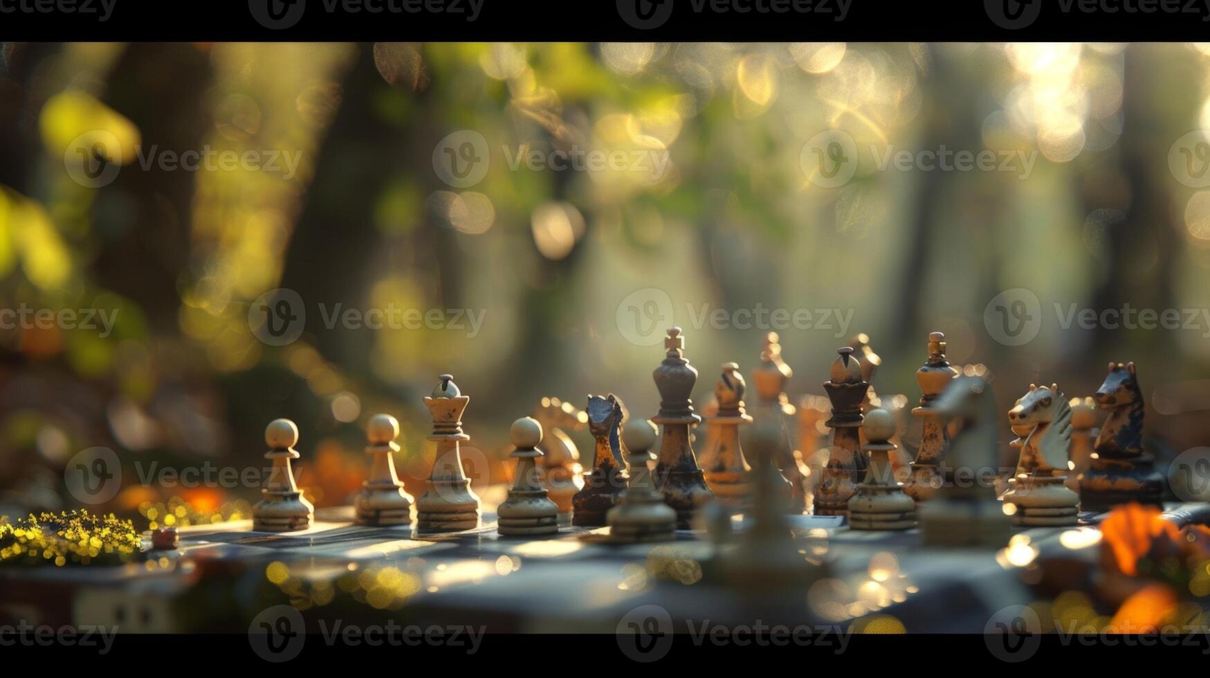 Fuzzy figures move their chess pieces on a board set a the trees photo