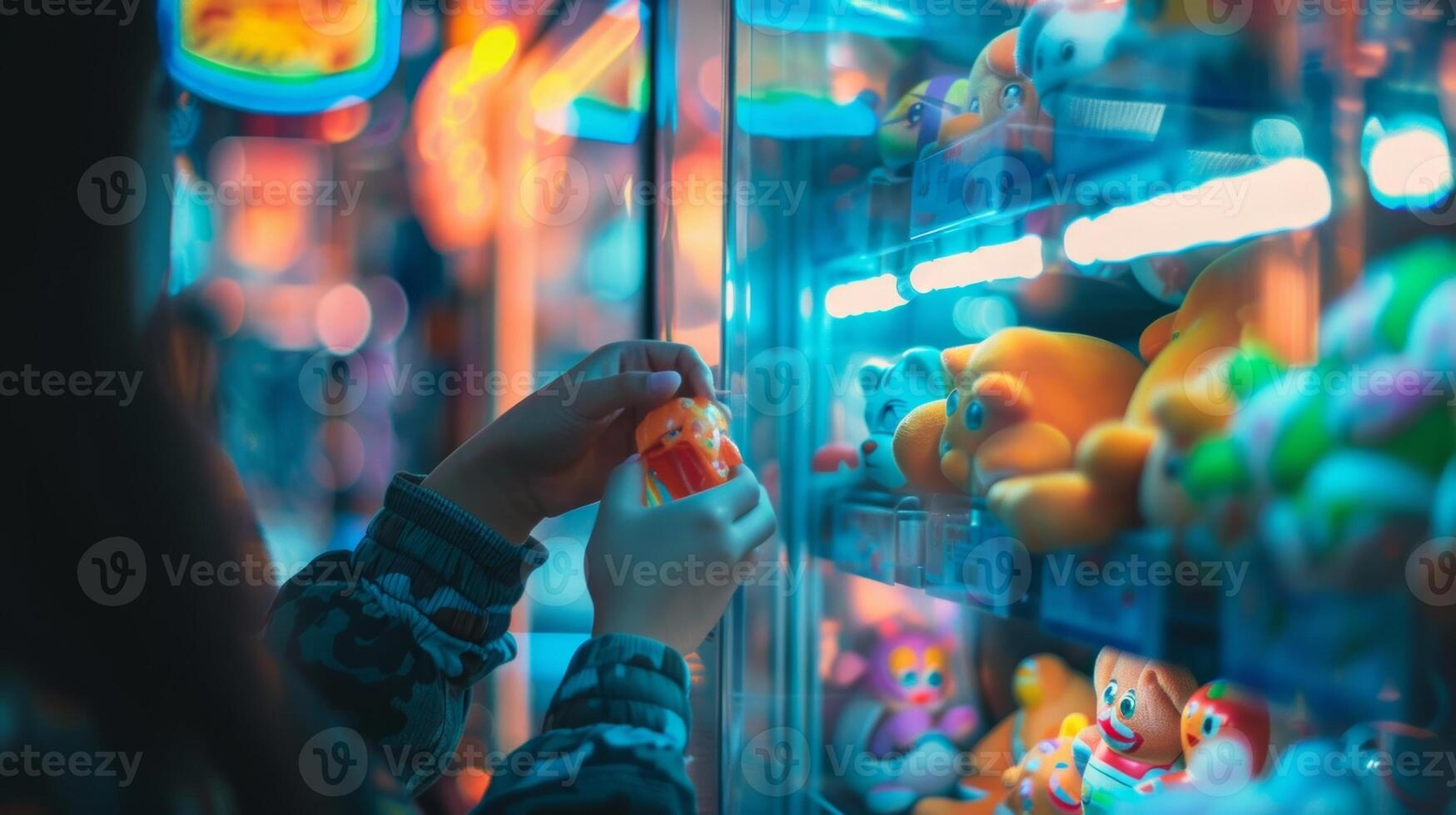 Blurry faces and hands reach for prizes in the arcade claw machines photo