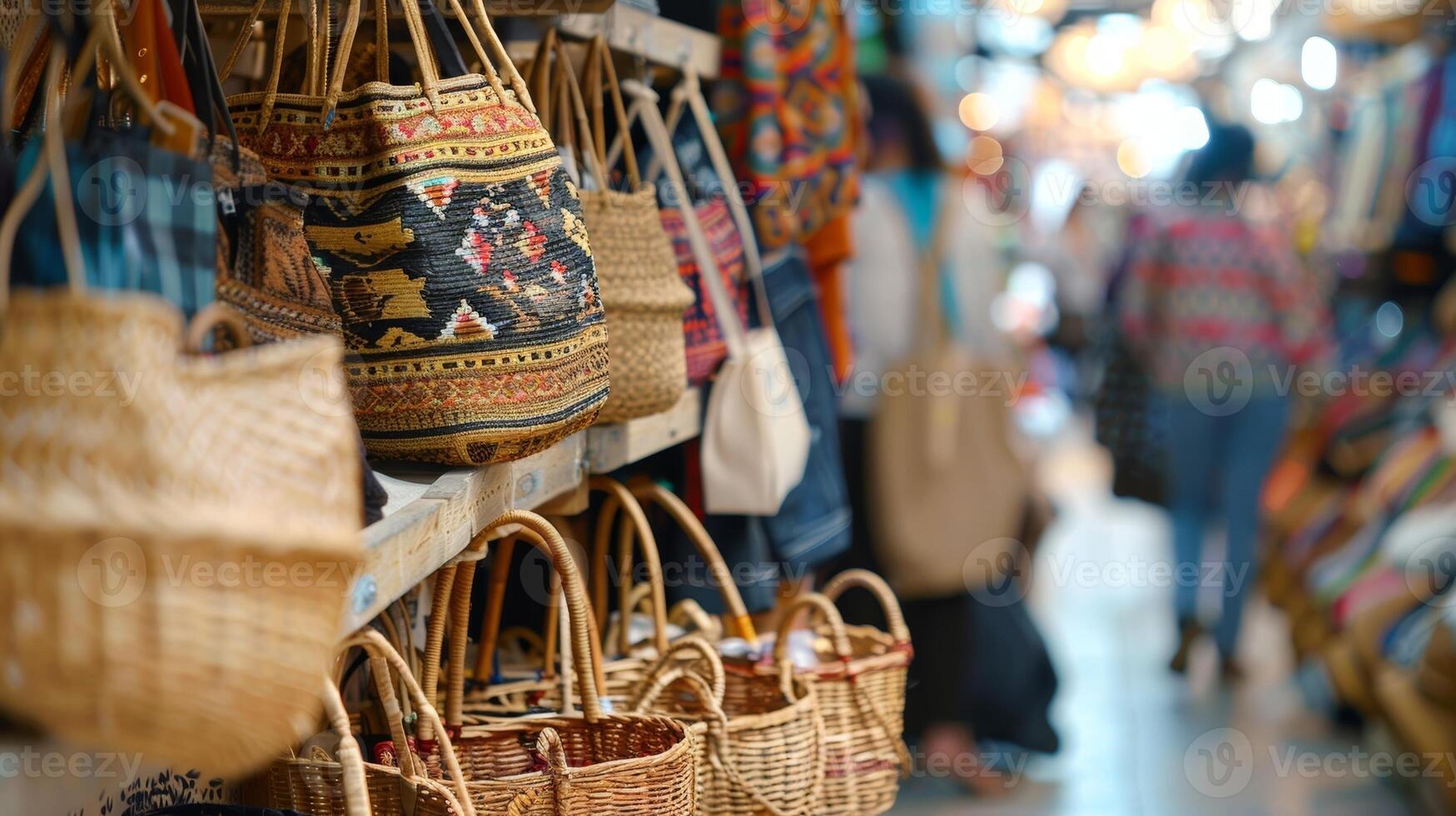 Cloudy view of shoppers browsing through rows of handcrafted baskets and bags photo
