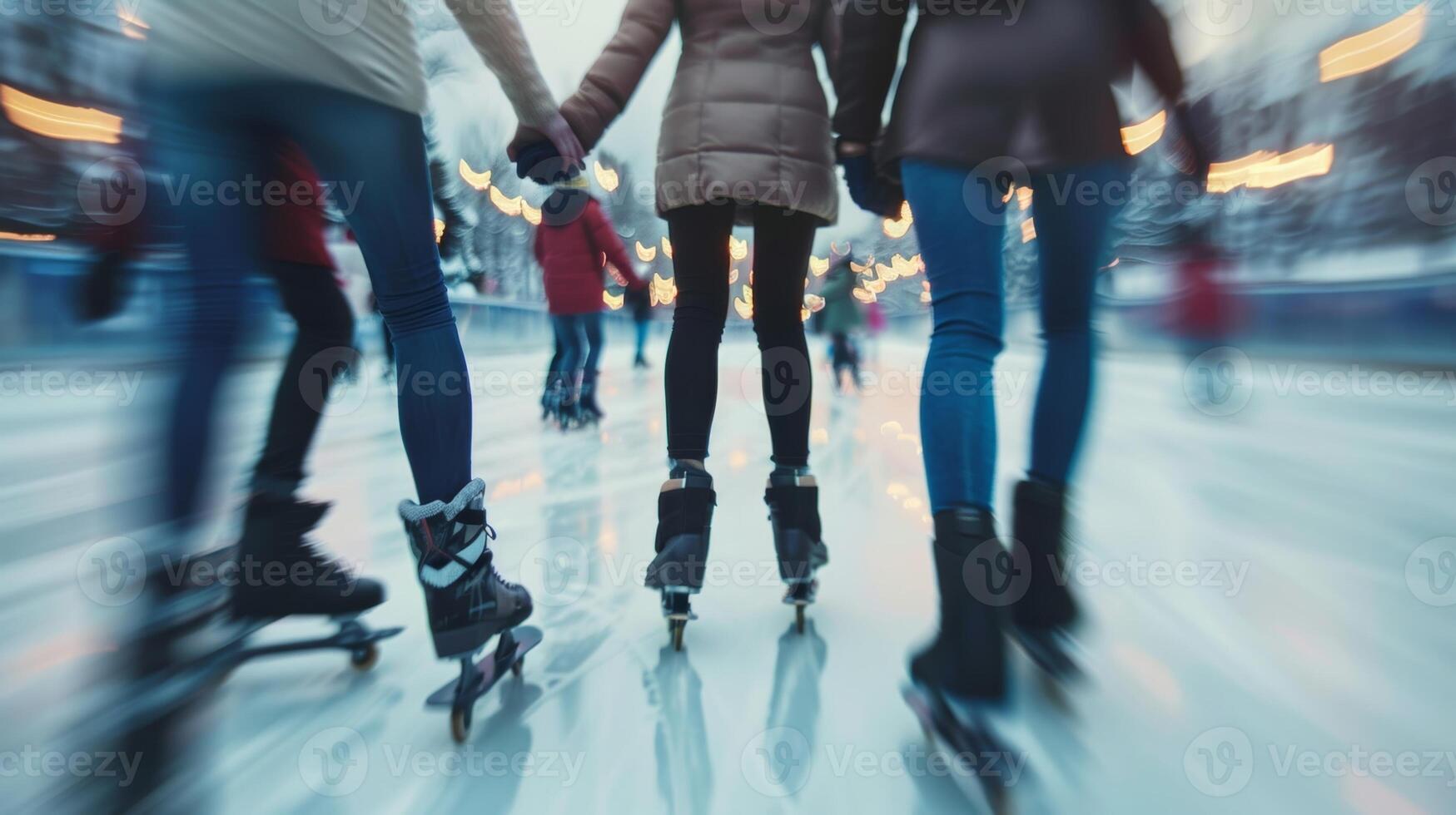 Soft focus on a group of friends holding hands as they skate together in circles photo