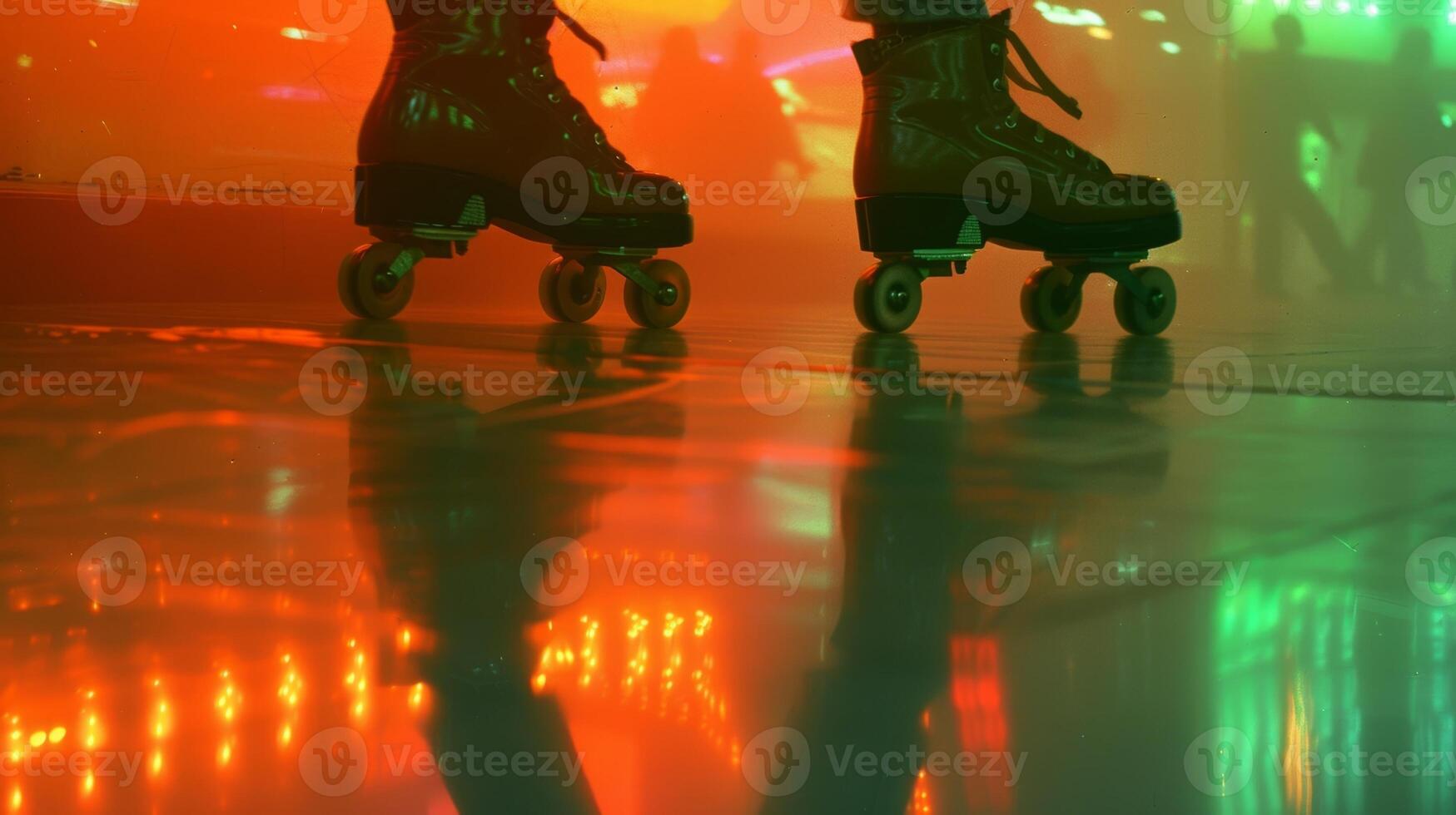 The hazy glow of neonlit walls reflecting off the shiny roller skates photo