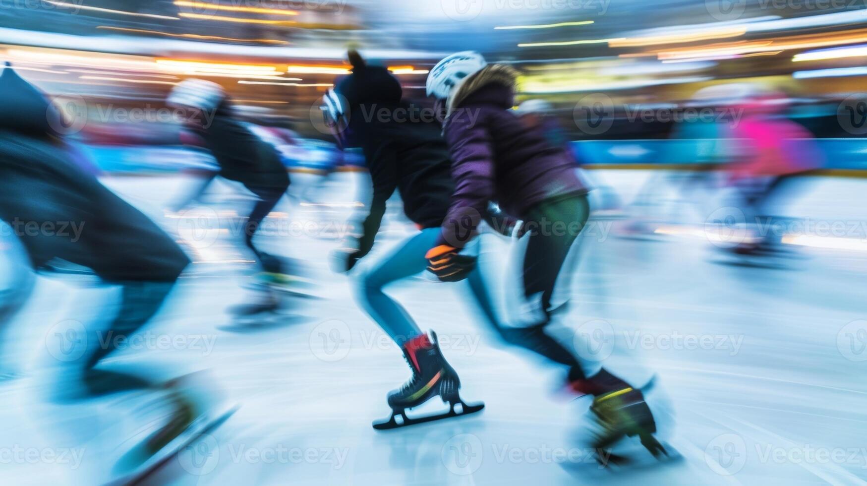 A blur of energy and excitement as skaters race through the rink chasing each others trails photo