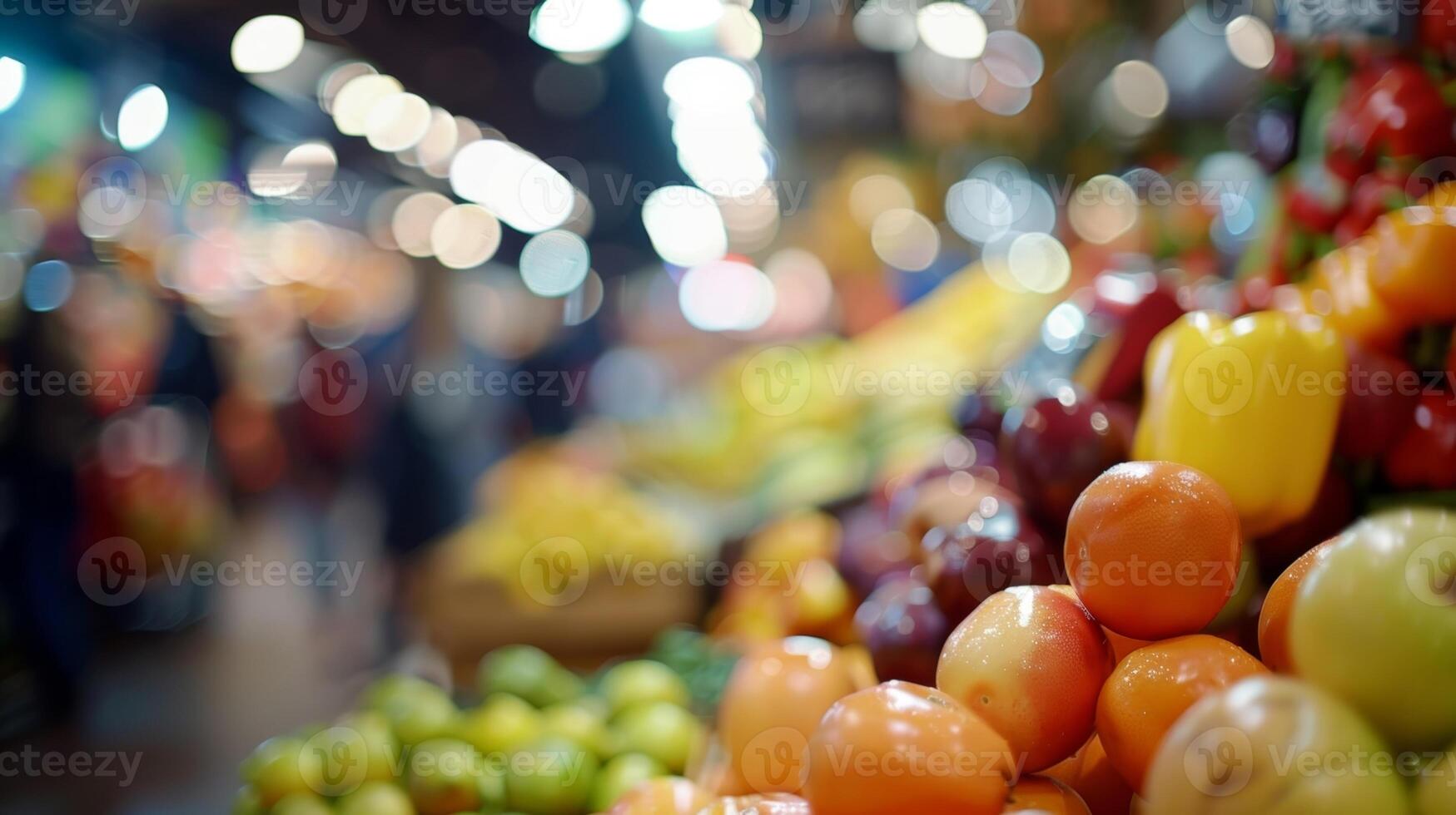 Defocused view of a bustling indoor farmers market with hints of colorful fruits and vegetables peeking through photo