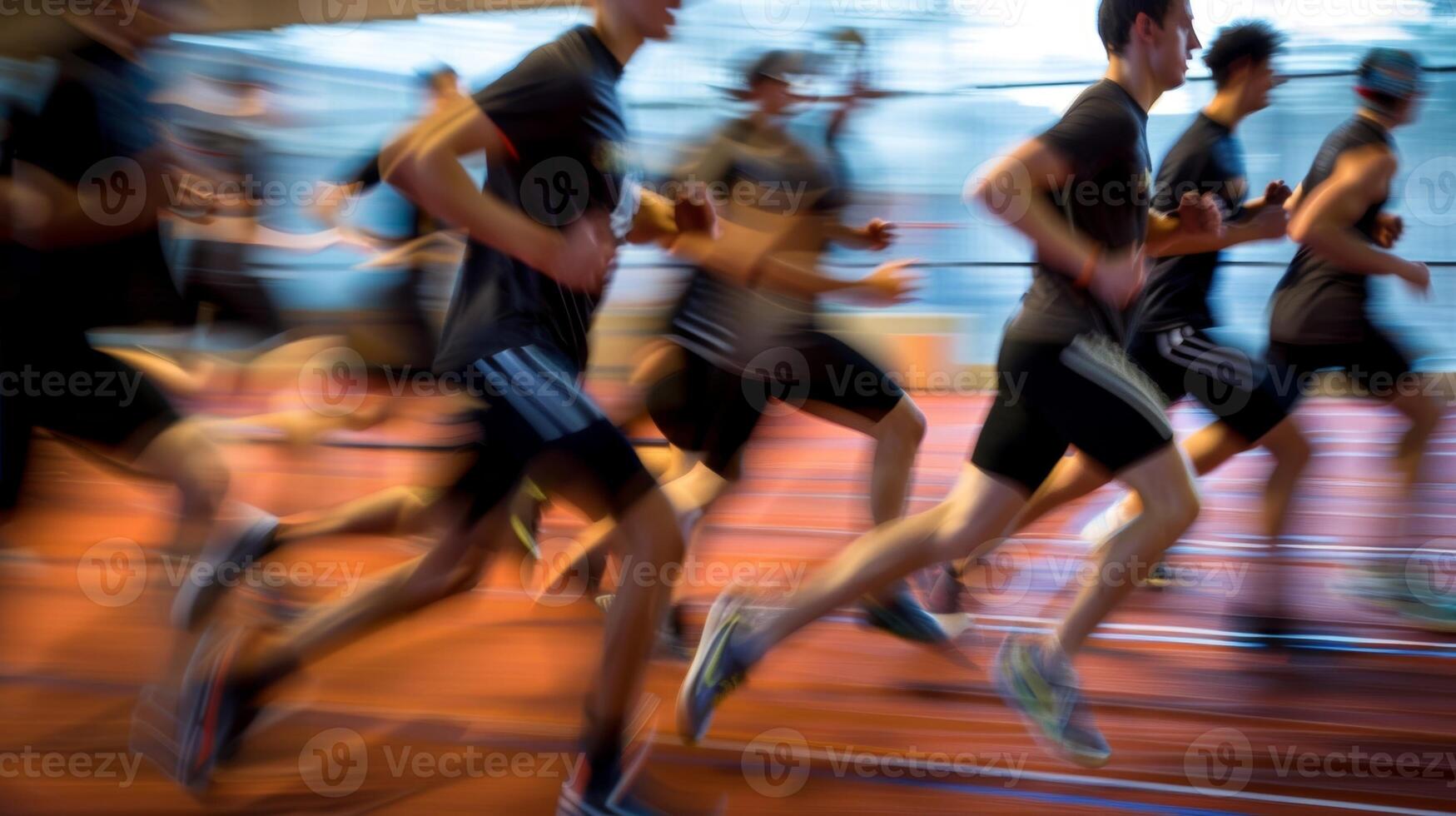A defocused view of players pushing through exhaustion as they finish the final lap of their conditioning drills during practice photo
