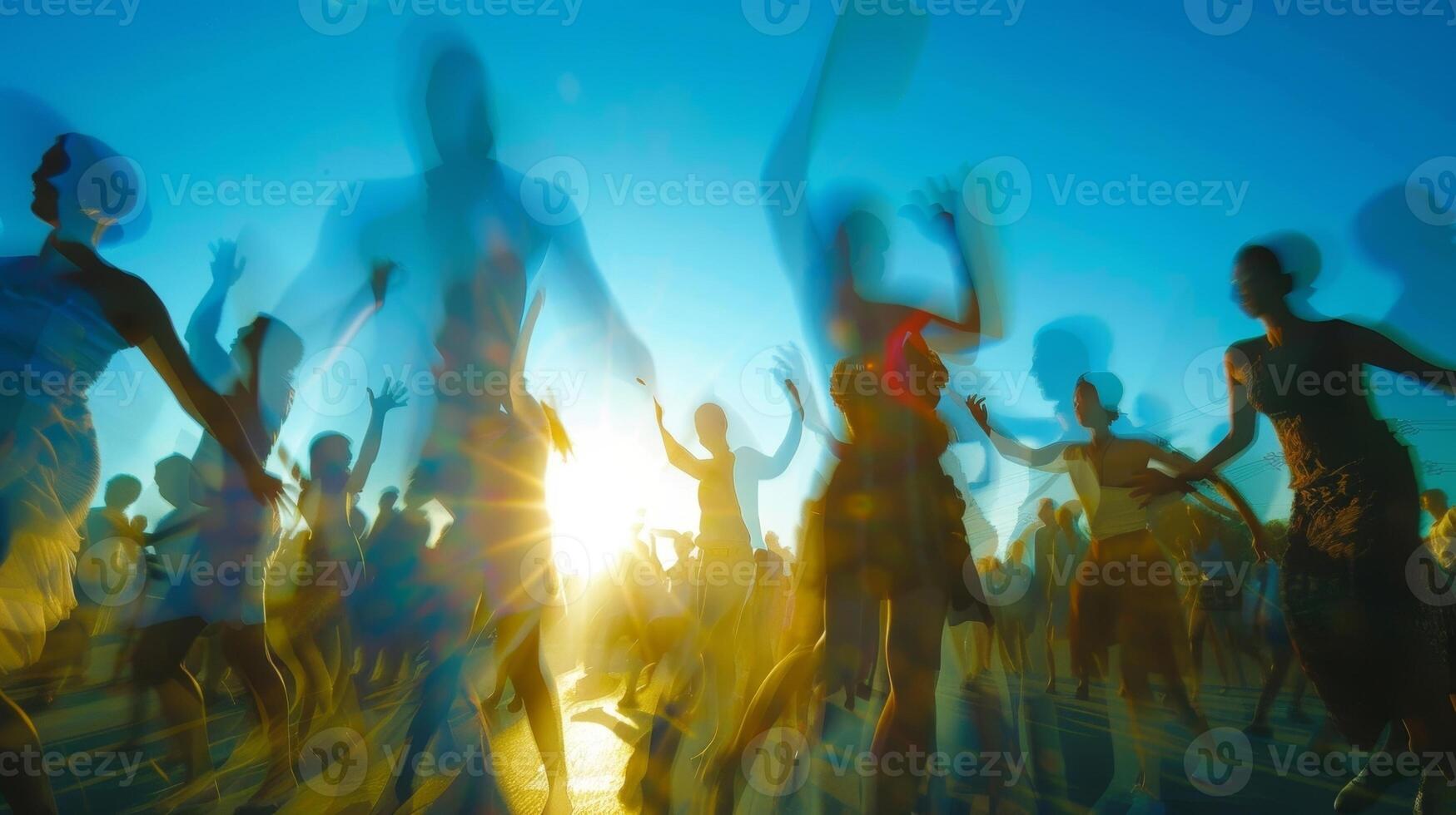 The gentle blur of bodies dancing in sync under the blue sky photo