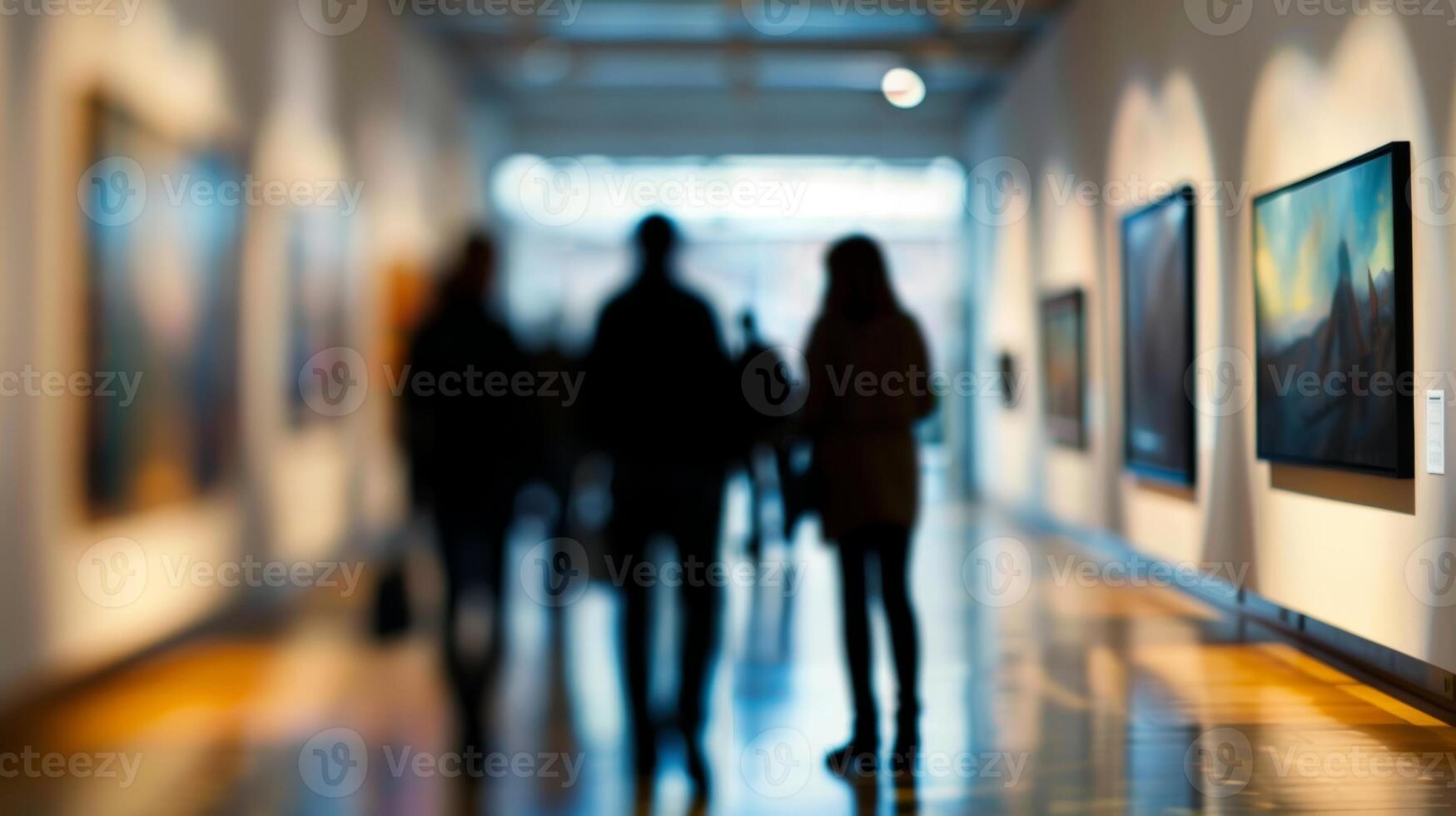 The defocused silhouettes of the art pieces create a sense of mystery and intrigue in the otherwise brightly lit gallery photo