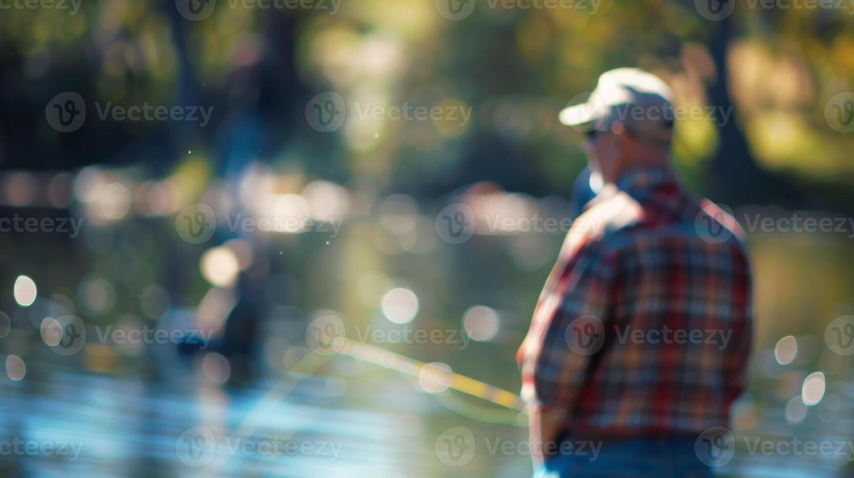 Defocused capture of the scenic surroundings at the fishing derby with anglers in the background photo