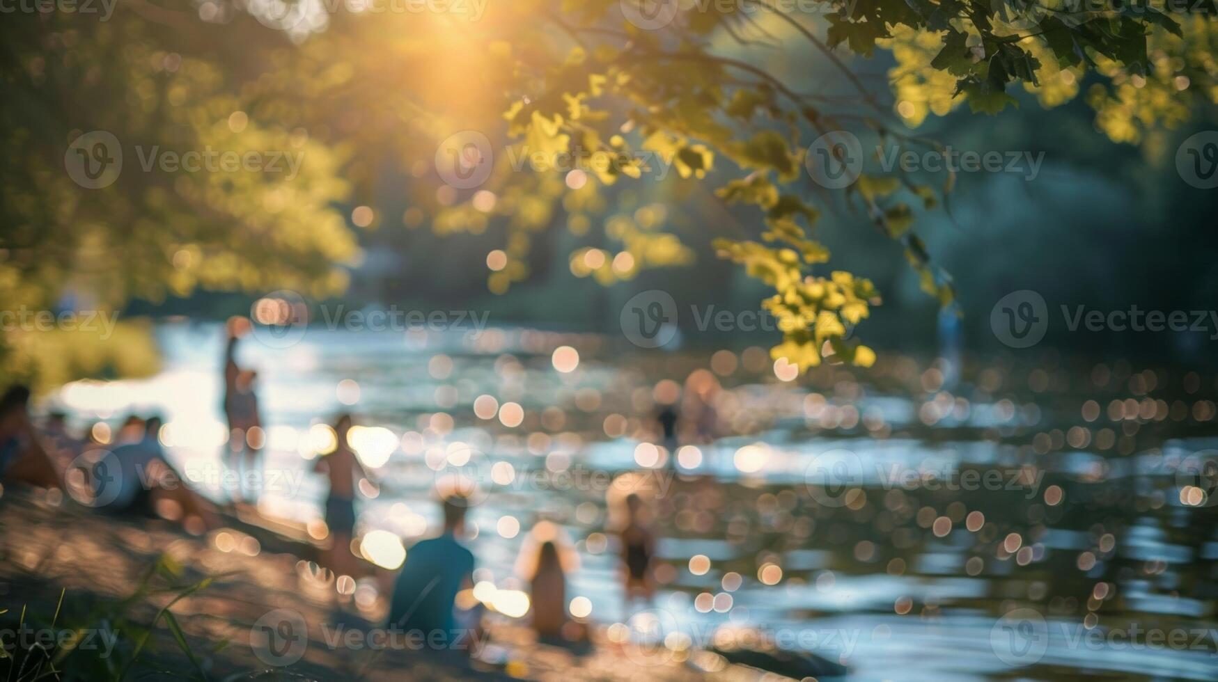 Blurry glimpse of families gathered by the river eagerly waiting for a bite photo