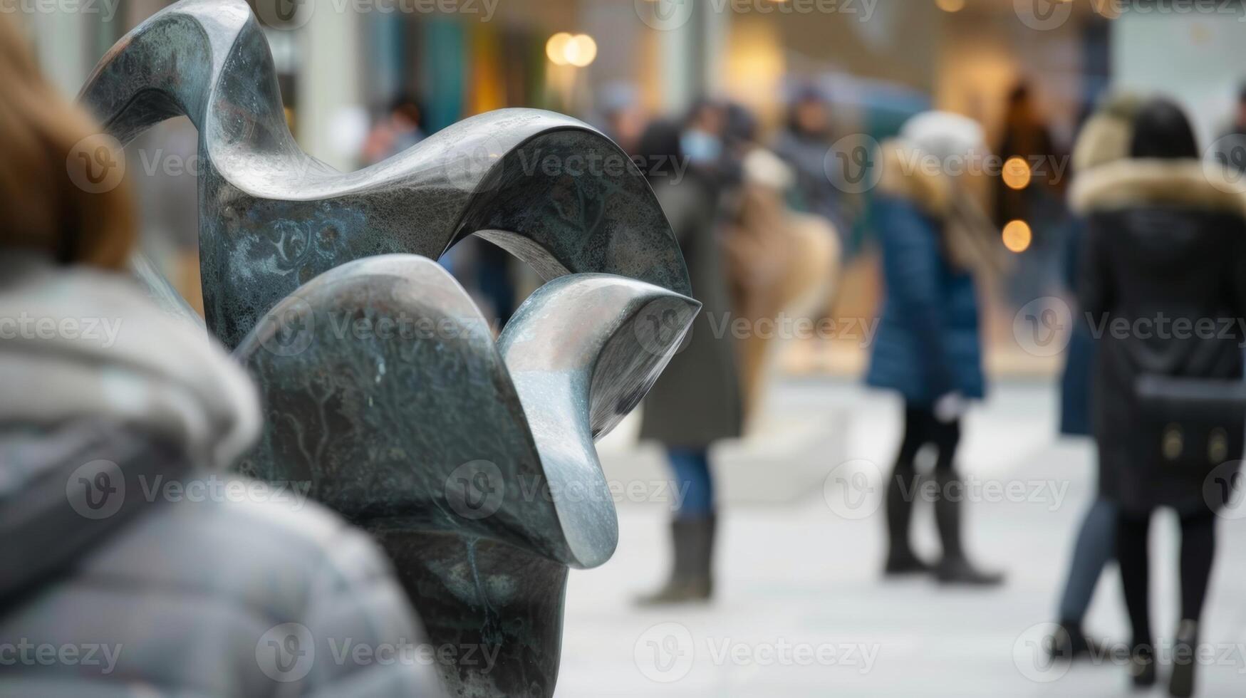 Indistinct shapes of curious onlookers mingle with the abstract shapes of the sculptures creating a lively scene photo