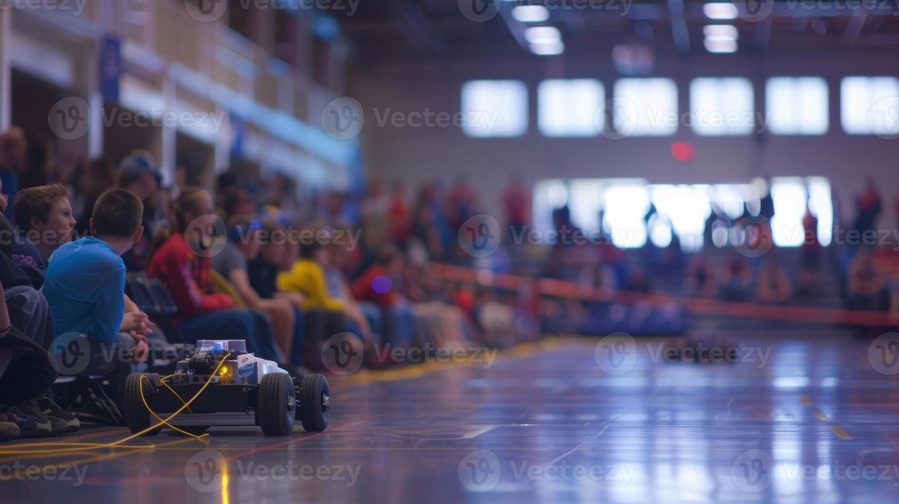 A hazy crowd watches as the indoor robotics competition heats up photo