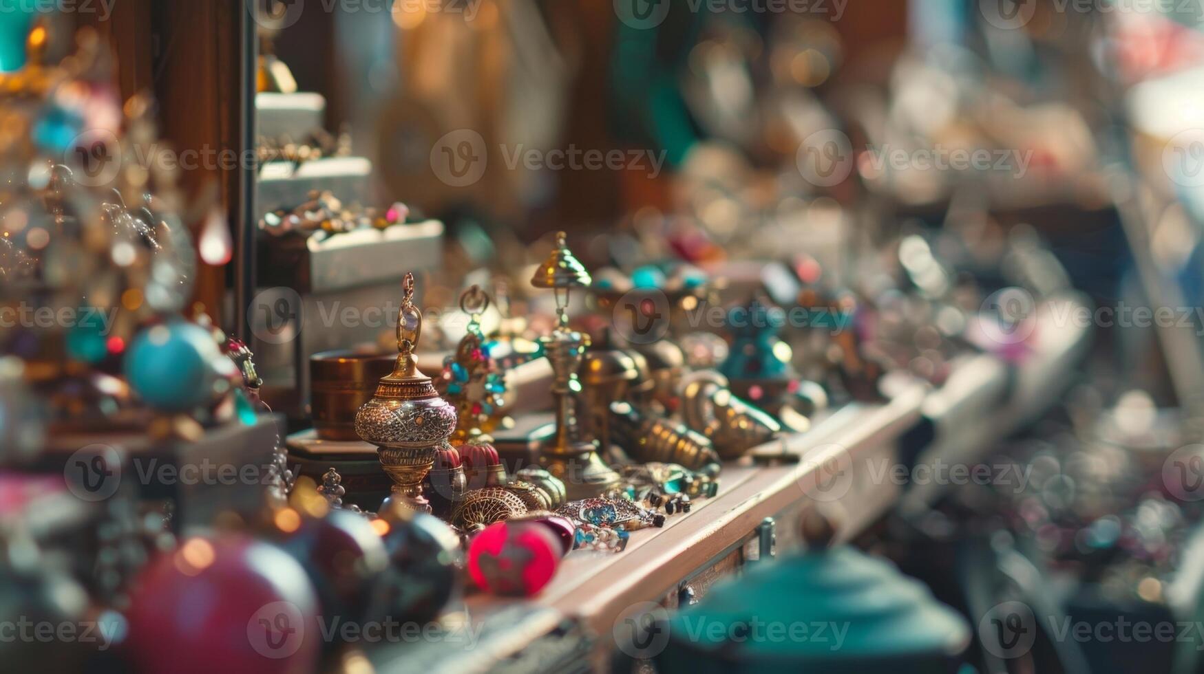 A sea of blurred faces huddled around tables of antique jewelry and trinkets photo
