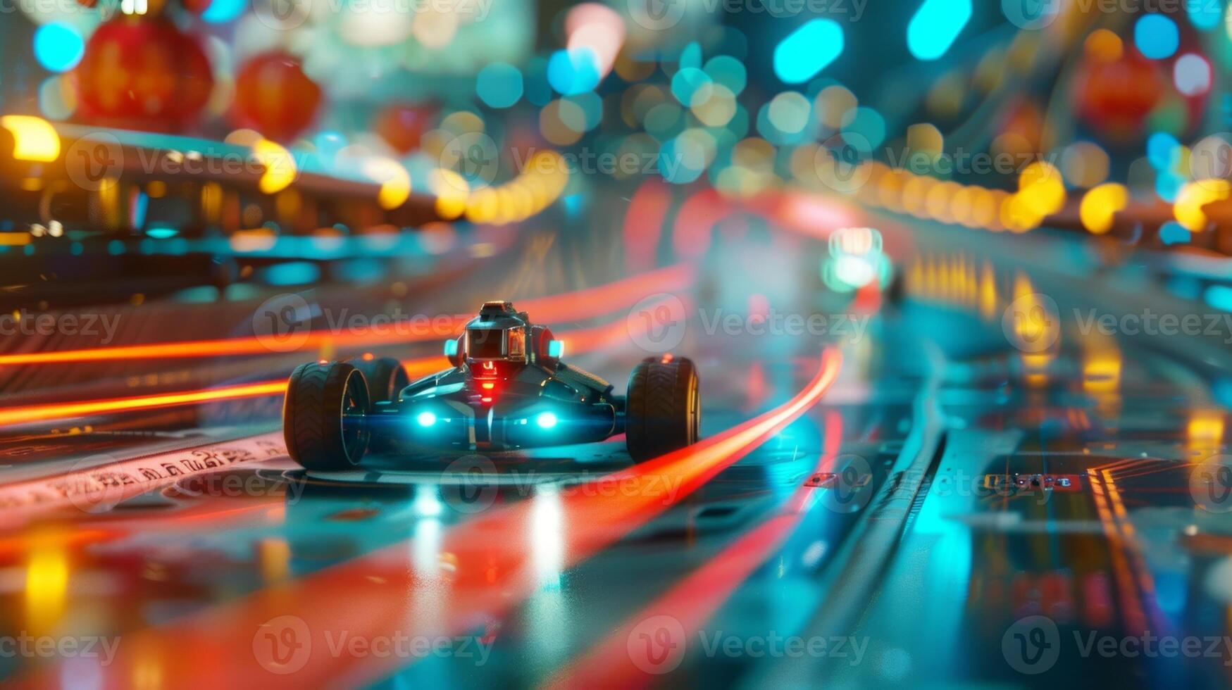 Hazy lights flash as the robots race through the course leaving a trail of blurred movement in their wake photo
