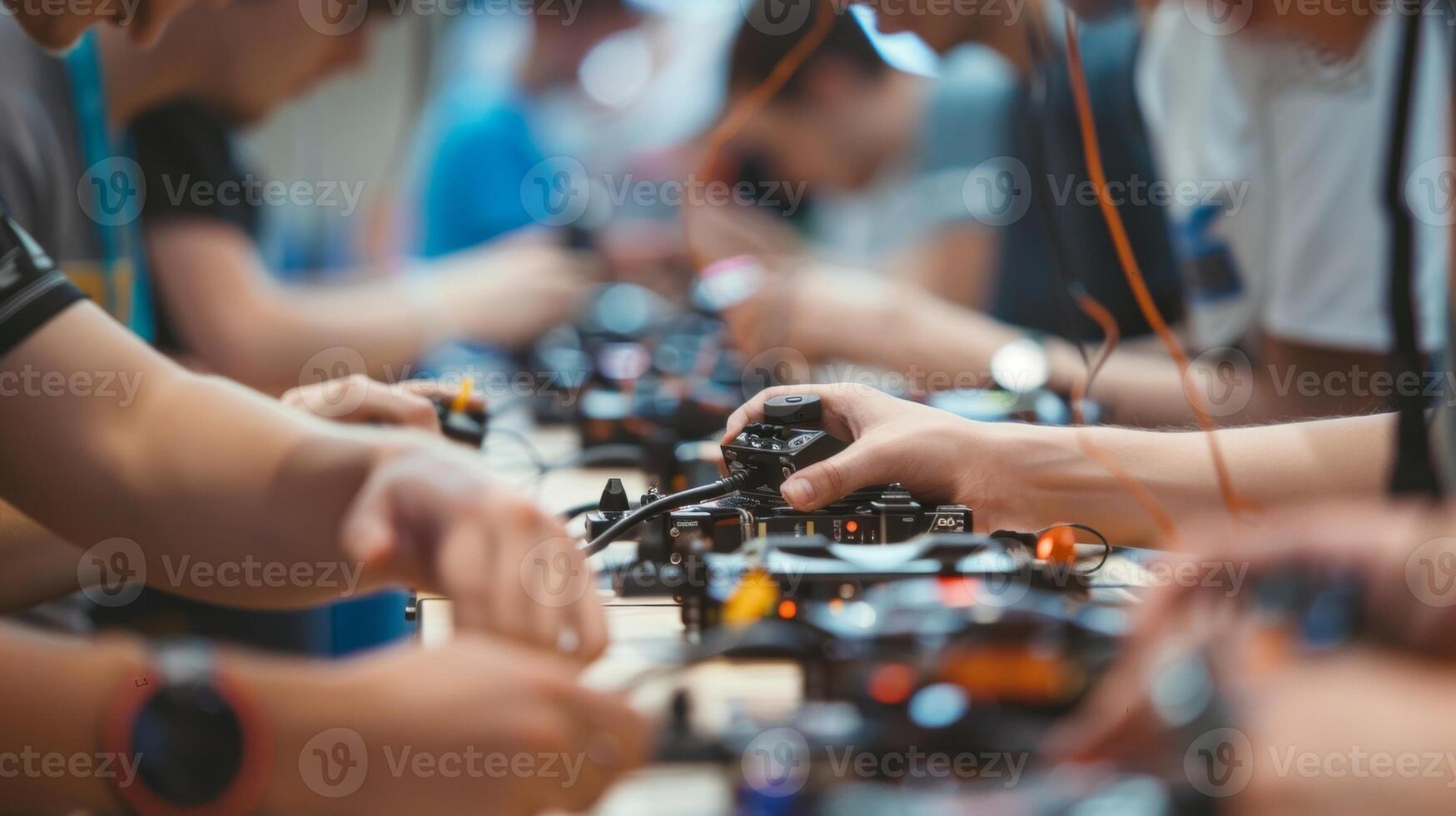 Defocused hands anxiously grip controllers as participants eagerly watch their robots in action photo