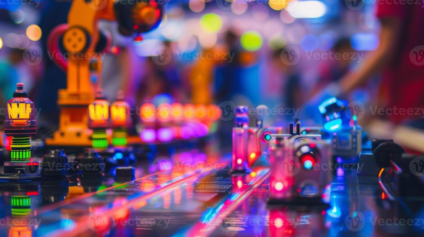 The competition floor is a blur of vibrant colors as the robots dance and dart around each other photo