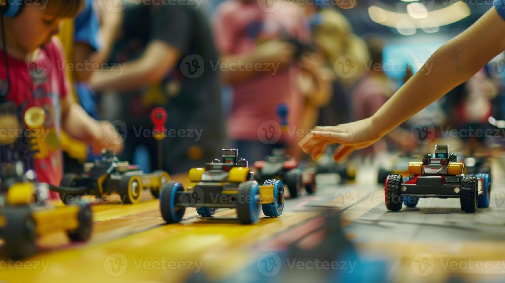 Blurry figures can be seen frantically shouting instructions as they guide their robots through the obstacles photo