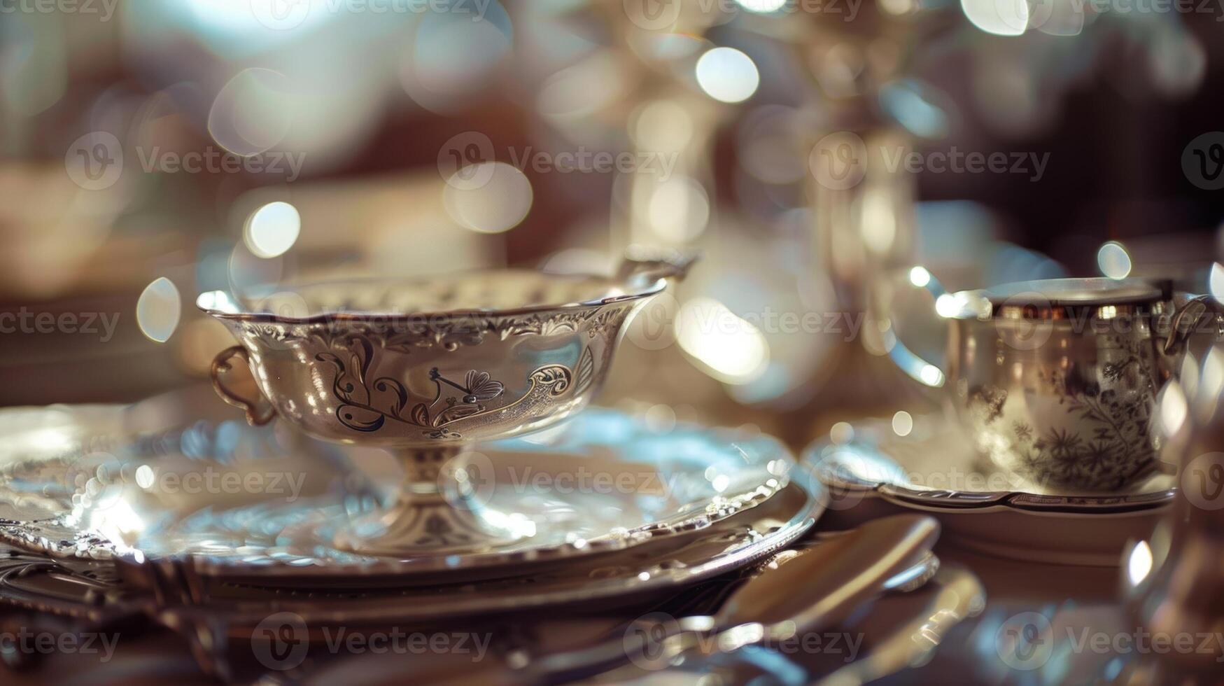 Hints of blurred antique silverware and delicate china on display photo
