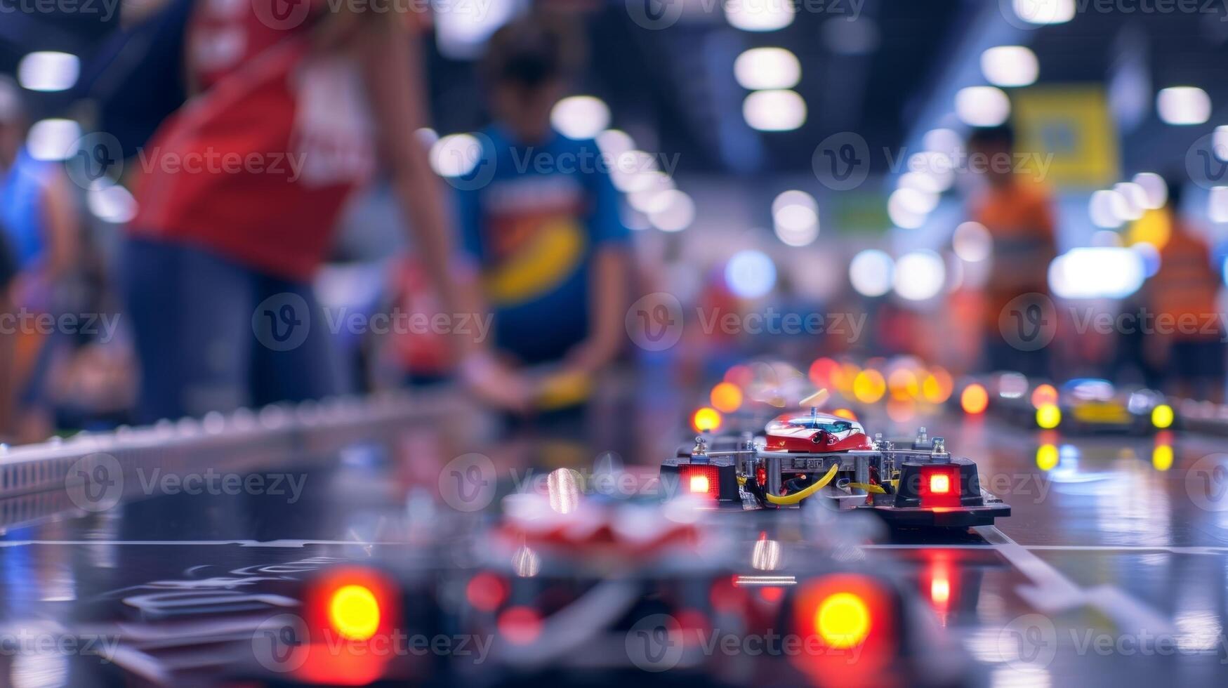 The competition floor is a blur of action as teams maneuver their robots to victory photo