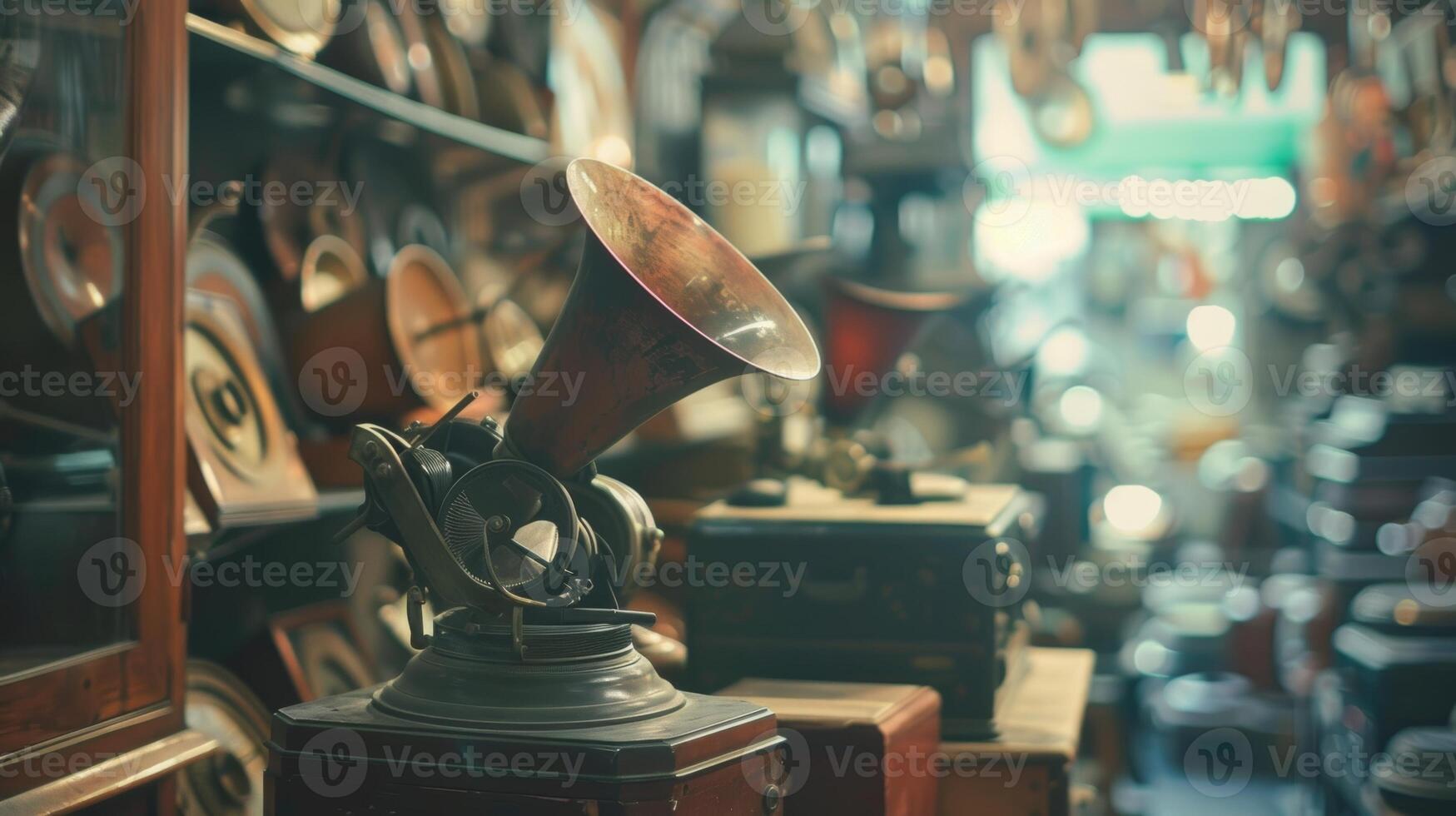 Fuzzy shapes of antique phonographs and gramophones at a distance photo