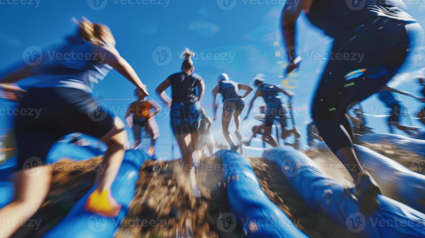Fastmoving blurs of people as they tackle obstacles and complete physical challenges photo