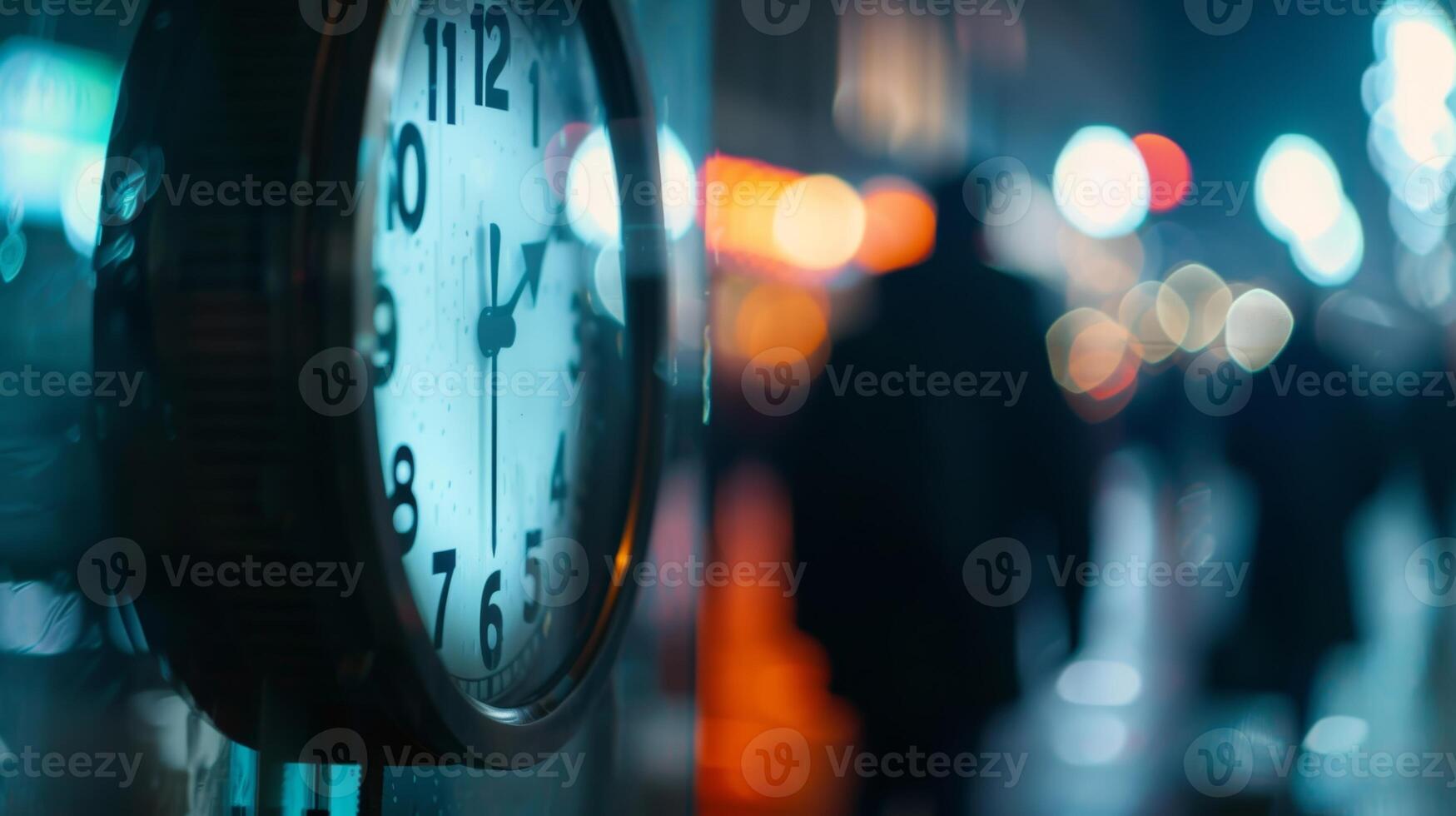 Defocused figures racing against the clock to uncover hidden clues before time runs out photo