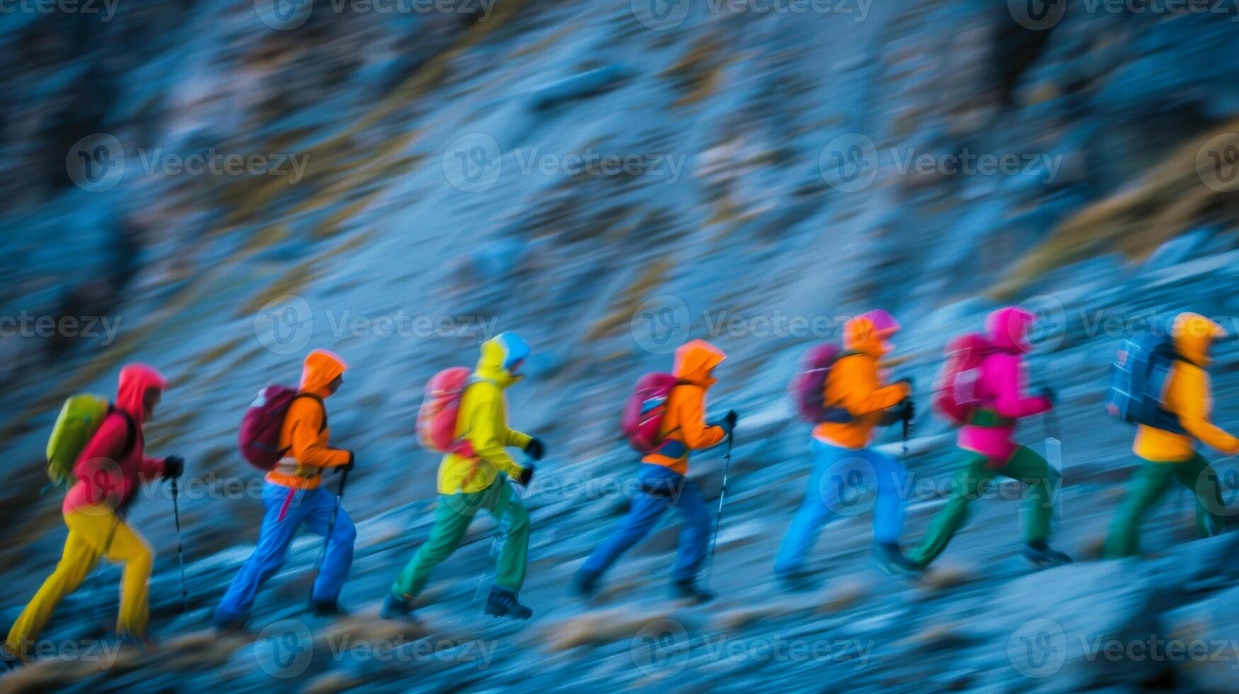 Blurry figures clad in brightly colored gear dart through a rugged landscape photo