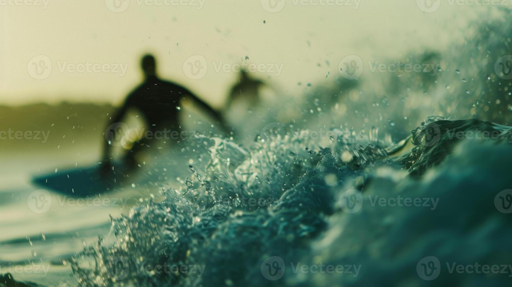 Unfocused action on the water as surfers battle the rolling waves photo