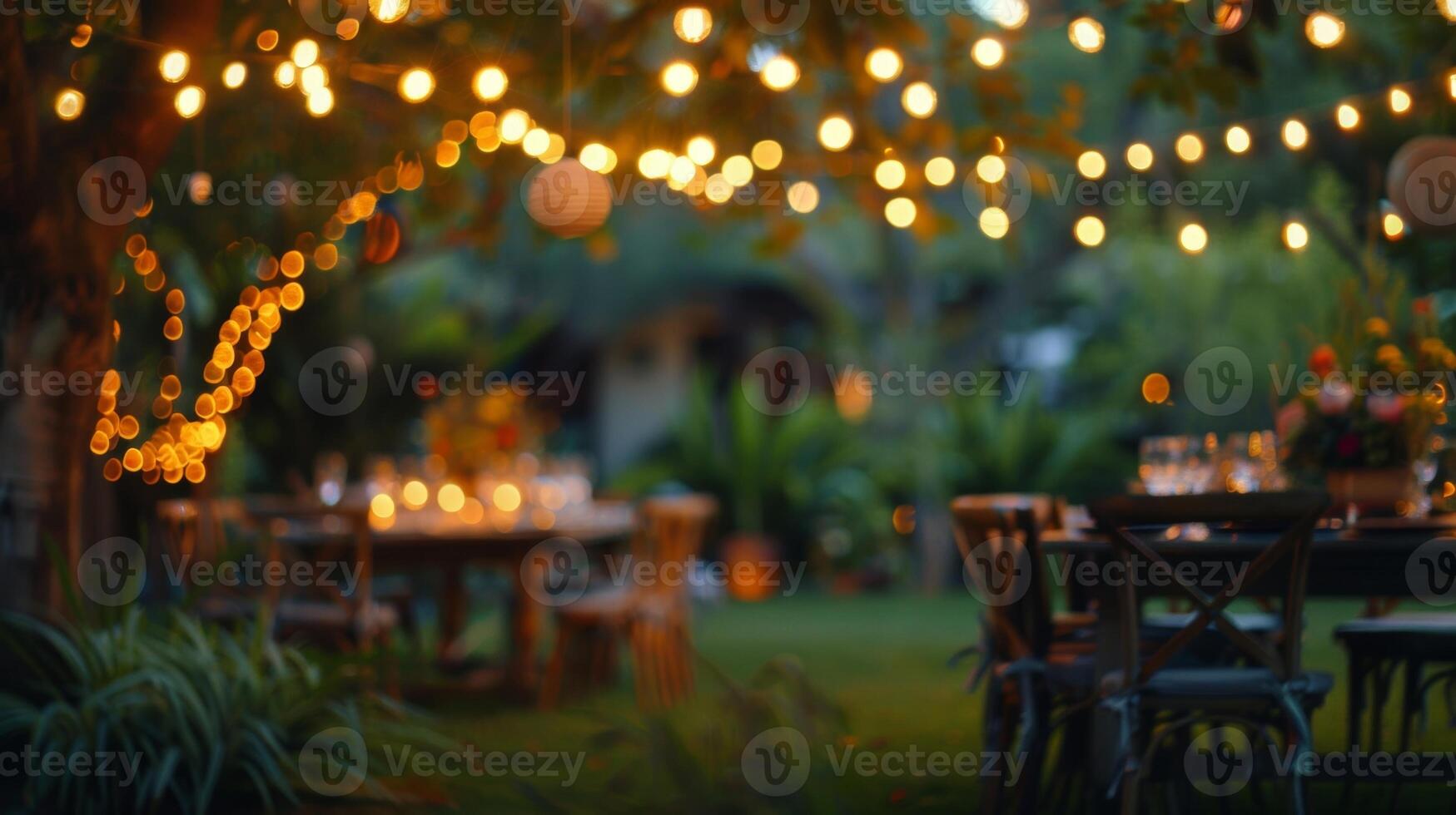 The hazy glow of string lights sets the stage for a magical outdoor garden party photo