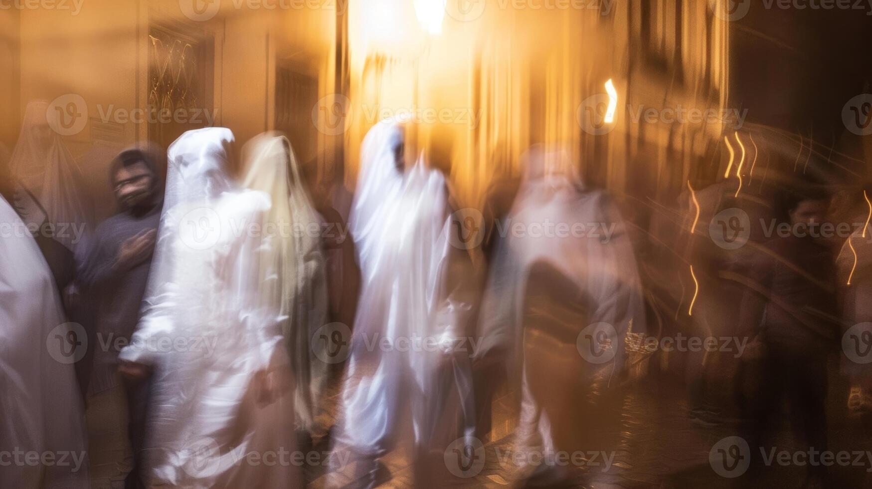 Participants in costume appear as ethereal specters in a defocused scene photo