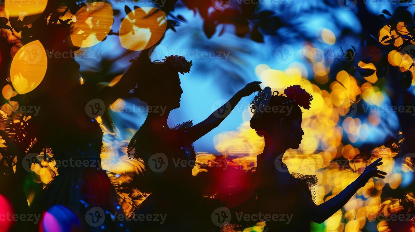Blurry silhouettes of performers against a backdrop of trees and flowers photo