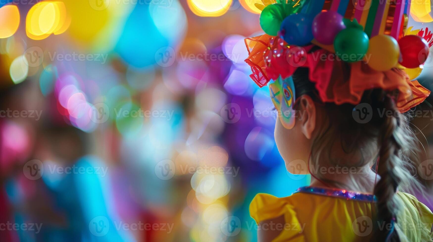 Fuzzy view of kids dressed in costumes as they participate in a themed birthday party photo