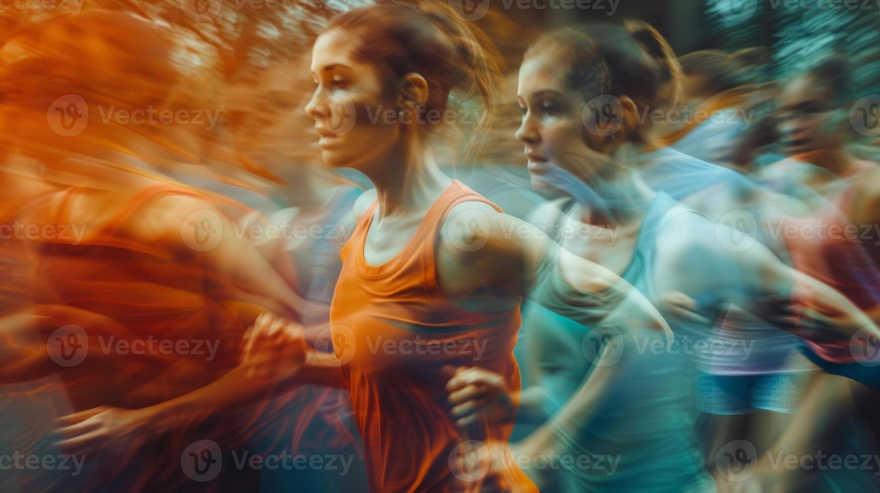 Indistinct faces of participants locked in intense physical exertion photo