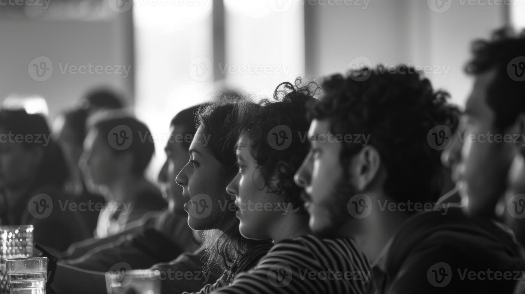 Vague outlines of eager faces turned towards the front of the room photo