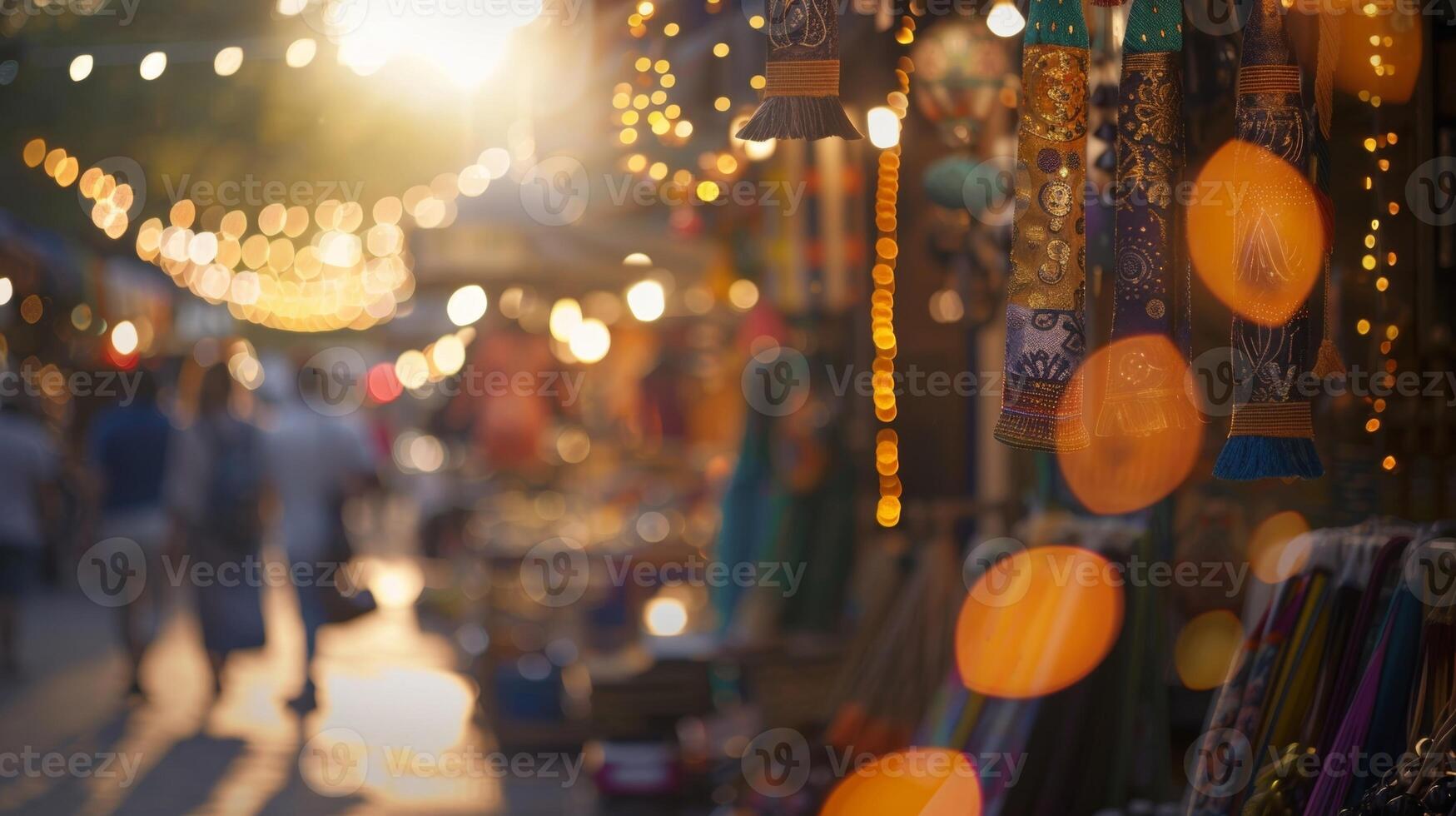 Hazy view of an enchanting outdoor market with vendors selling diverse wares photo