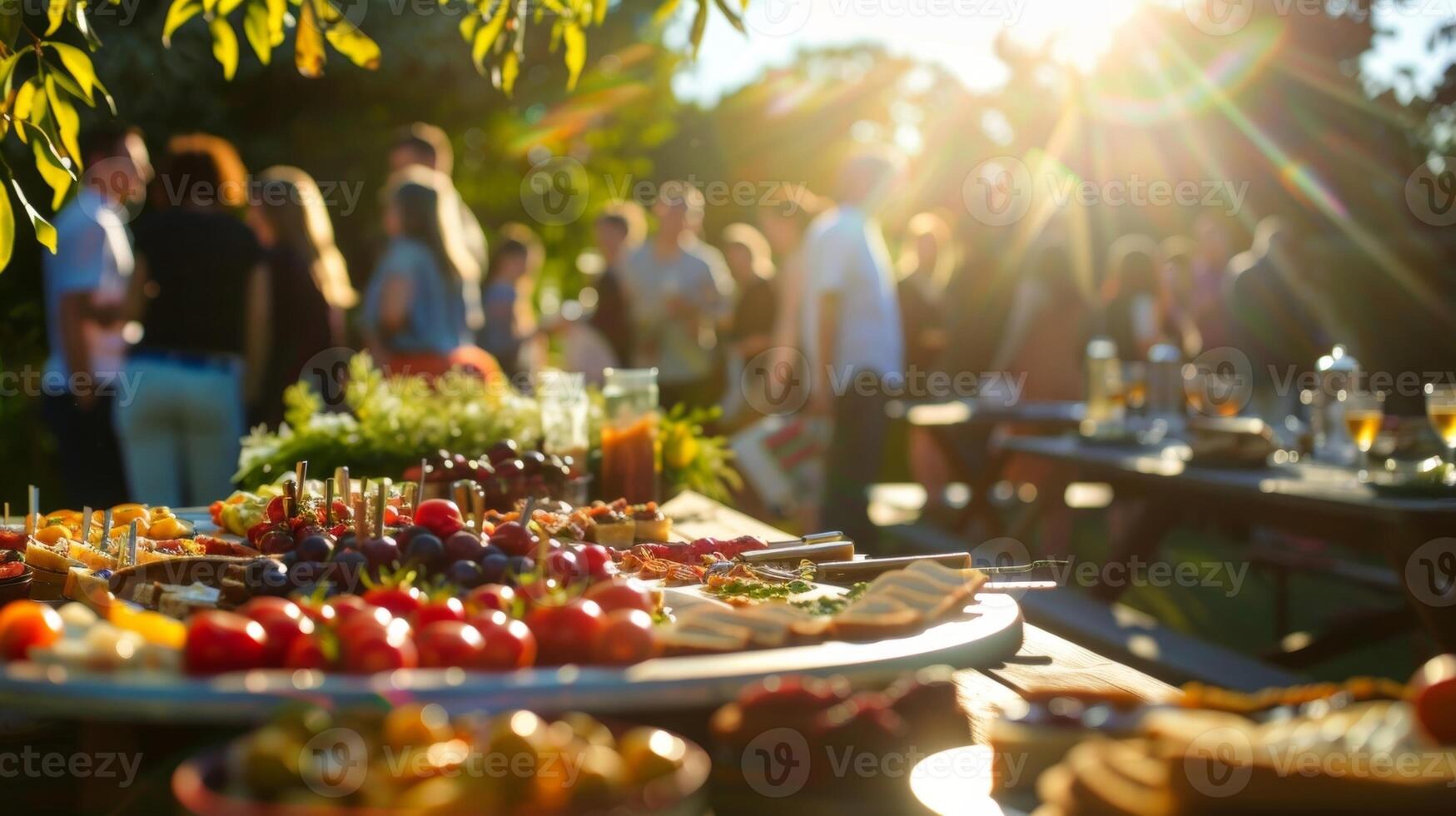 Blurred silhouettes of attendees enjoying a sunny outdoor brunch complete with savory and sweet option photo