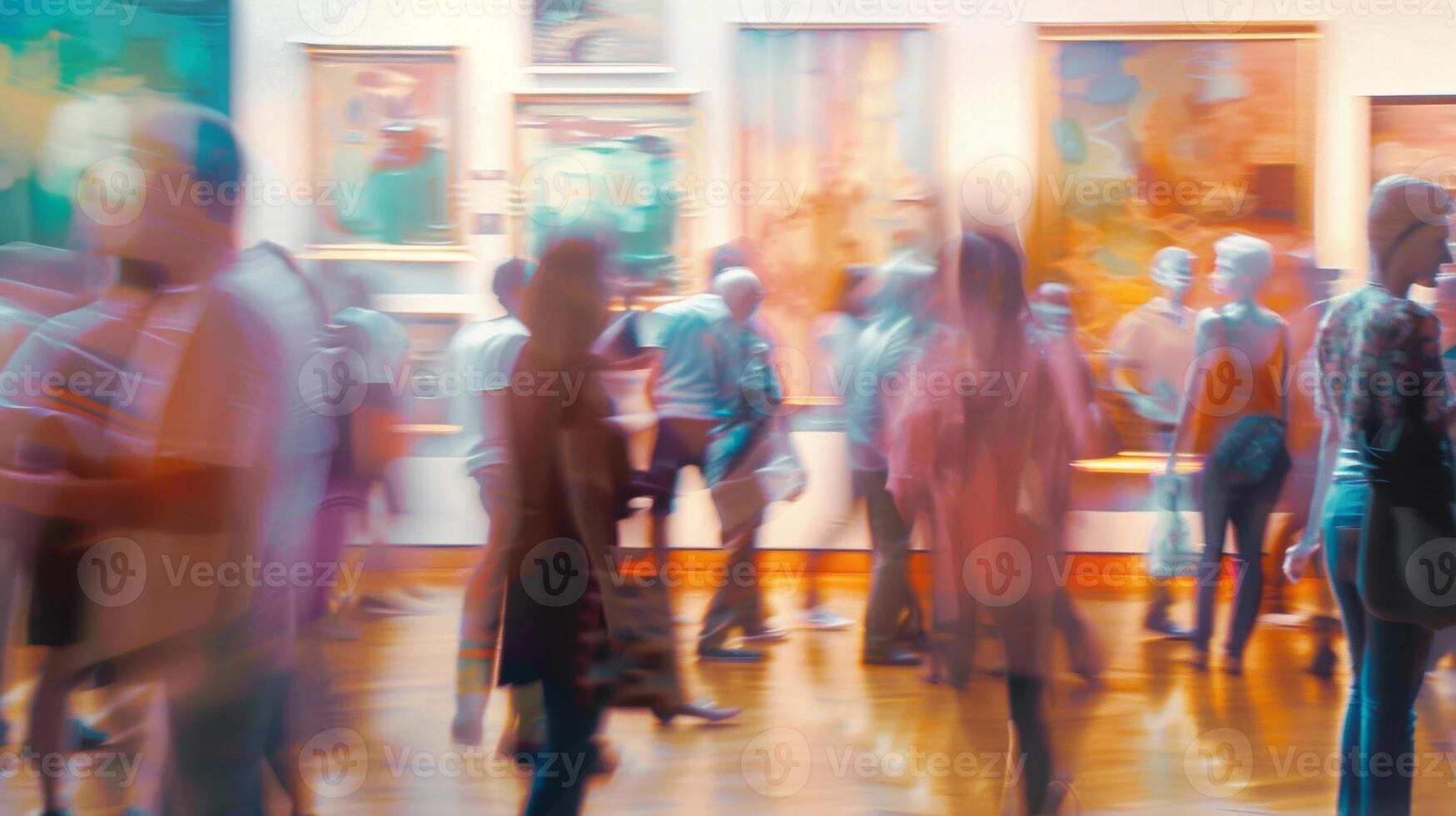 Hazy scene of visitors perusing various artwork at the open house photo