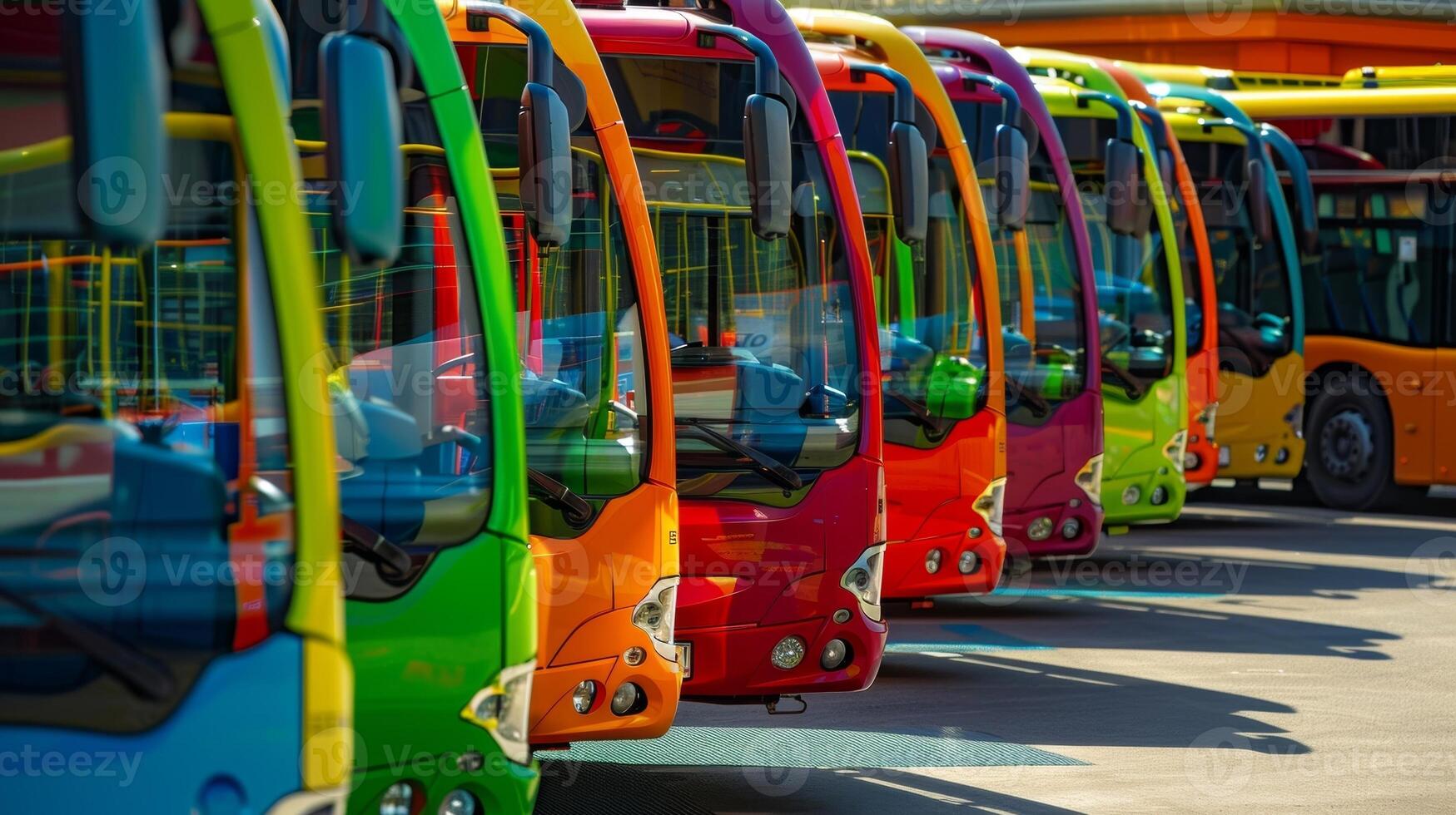 A panoramic view of a fleet of colorful buses lined up at a charging station their solar panels soaking up the rays of the sun photo