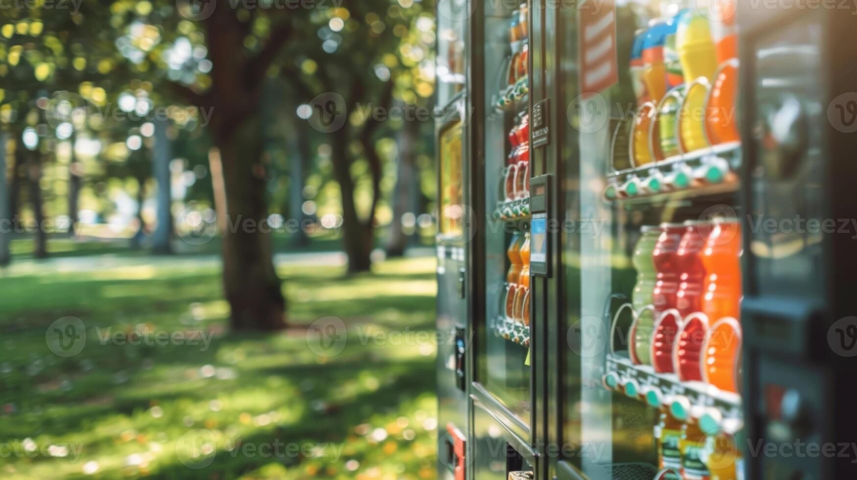 A vending machine in a park powered by the sun and offering a selection of healthy snacks and beverages for families and children photo