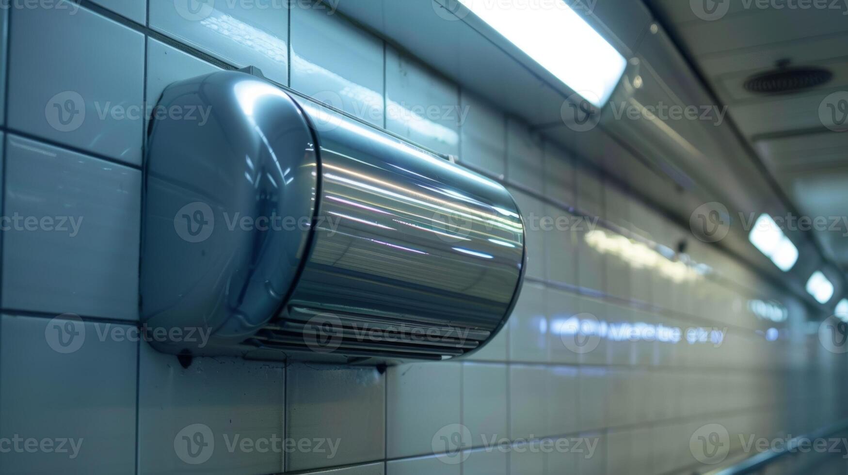 A closeup of a solarpowered hand dryer inside a public restroom eliminating the need for paper towels photo