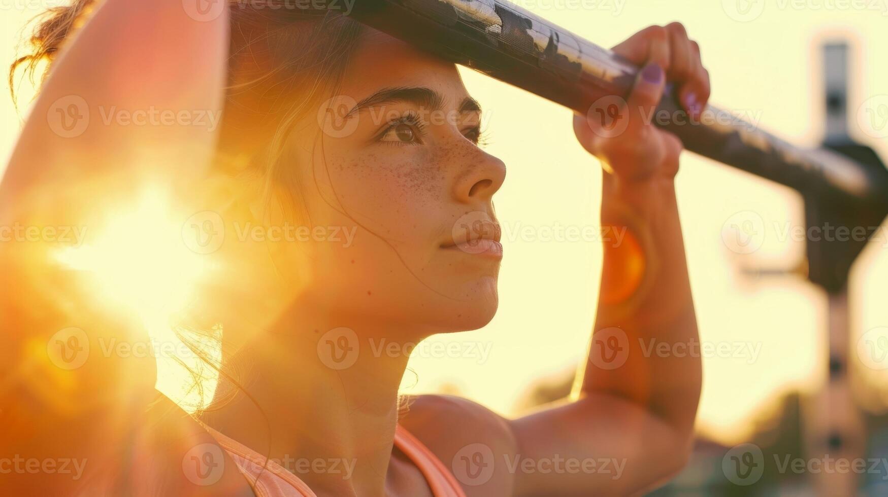 A young woman doing pullups on a solarpowered bar with the sun shining down on her as she works out photo
