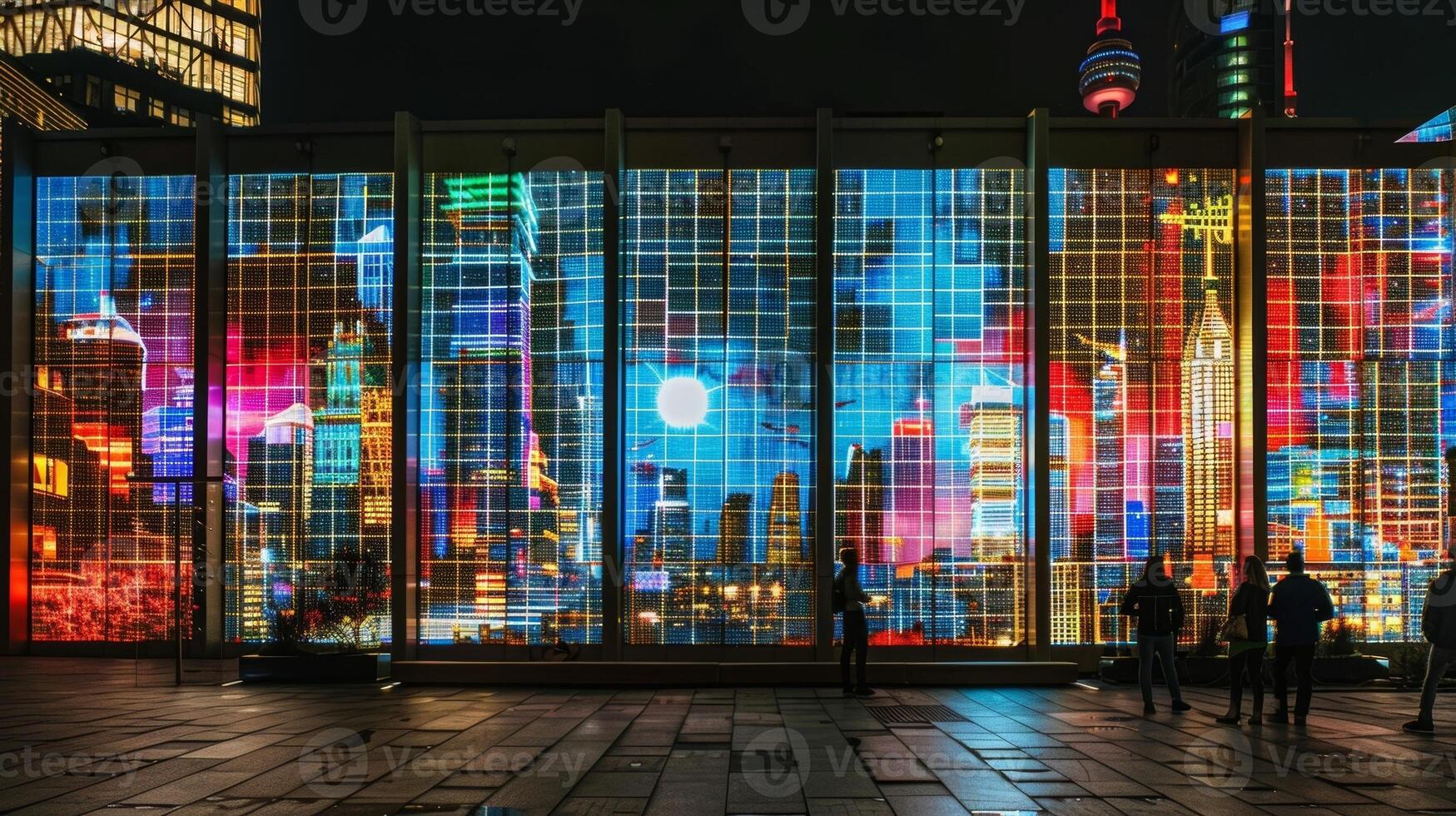 A mural of a cityscape using solar panels to make the windows of buildings light up at night photo