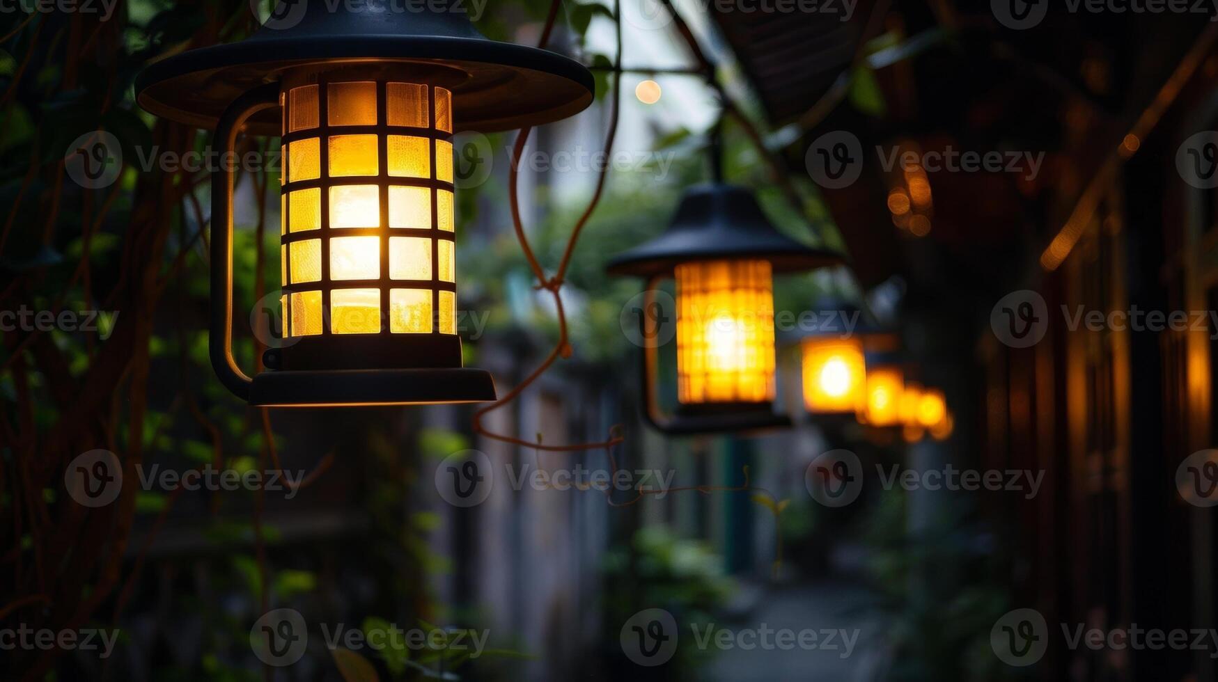 A series of hanging lanterns powered by small solar panels creating an enchanting atmosphere in a dark alley photo