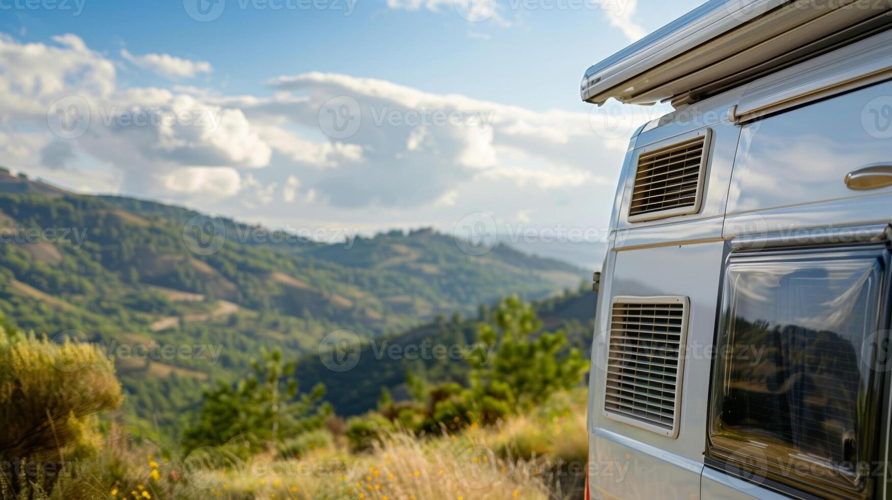 An RV or camper equipped with a solarpowered air conditioning unit perfect for offgrid adventures photo