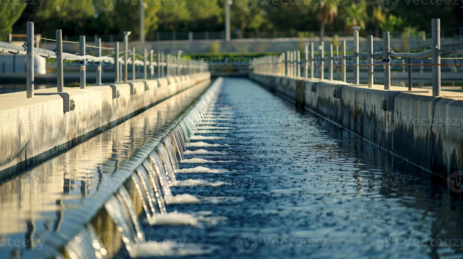 A row of solar panels installed on a large water treatment plant providing a sustainable energy source to purify large quantities of water for a city photo