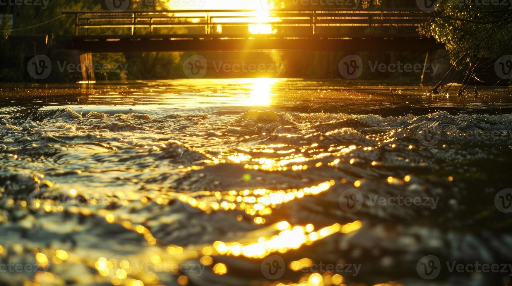 A panoramic view of a golden sunset reflecting off the surface of a river with a solarpowered bridge in the background photo