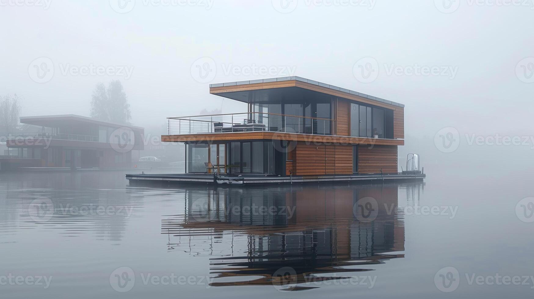 A panoramic view of a solarpowered floating house on a foggy morning highlighting the selfsustaining nature of this unique type of housing photo