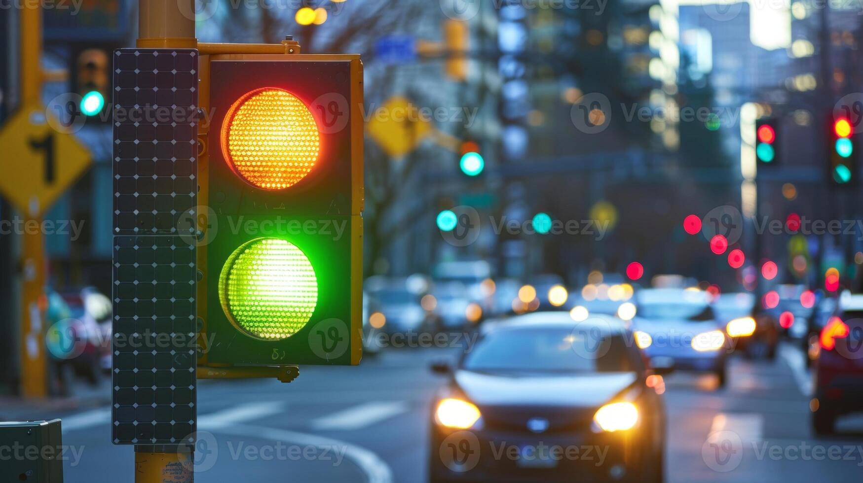 A street intersection with a solarpowered traffic signal featuring both green and red lights to control the flow of cars photo